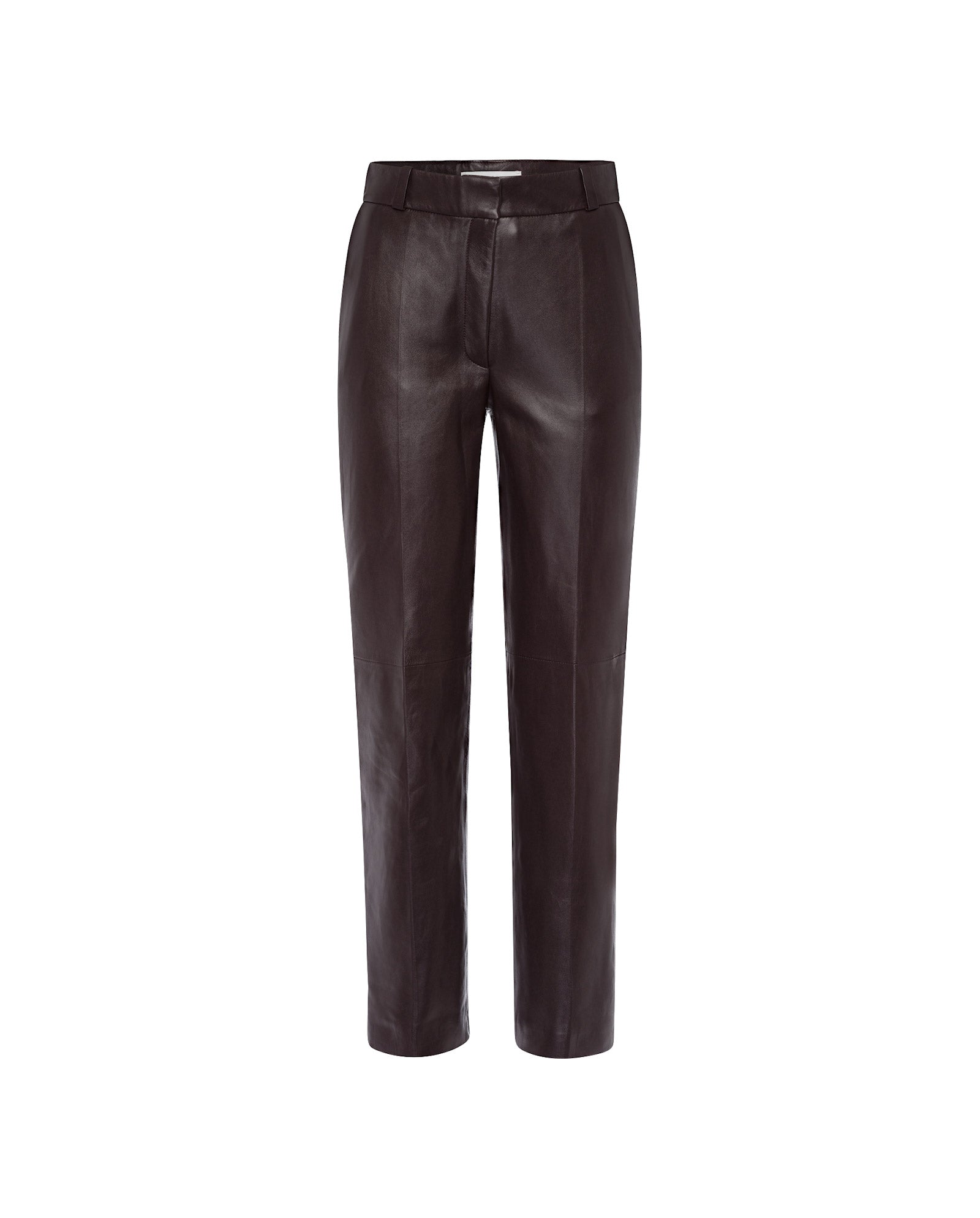 The LAURA Pants by IVY OAK are black, high-waisted leather trousers with a button and zip closure, offering a slim, straight-leg fit. Shown against a white background.