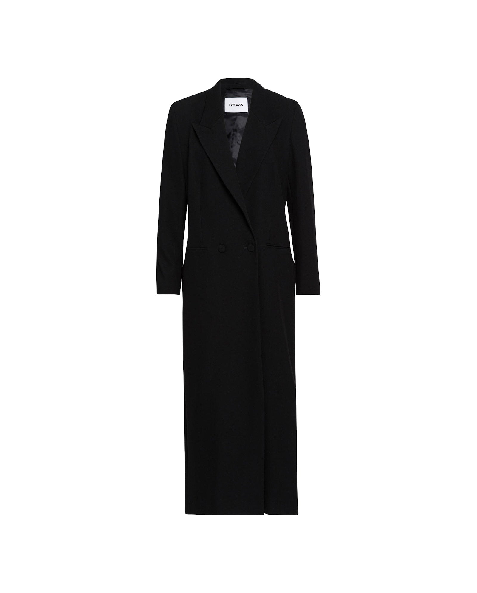The JILL ANN Coat by IVY OAK is a long black woven maxi blazer with a transformable double-breasted design, lapels, and full-length sleeves, shown on a white background.