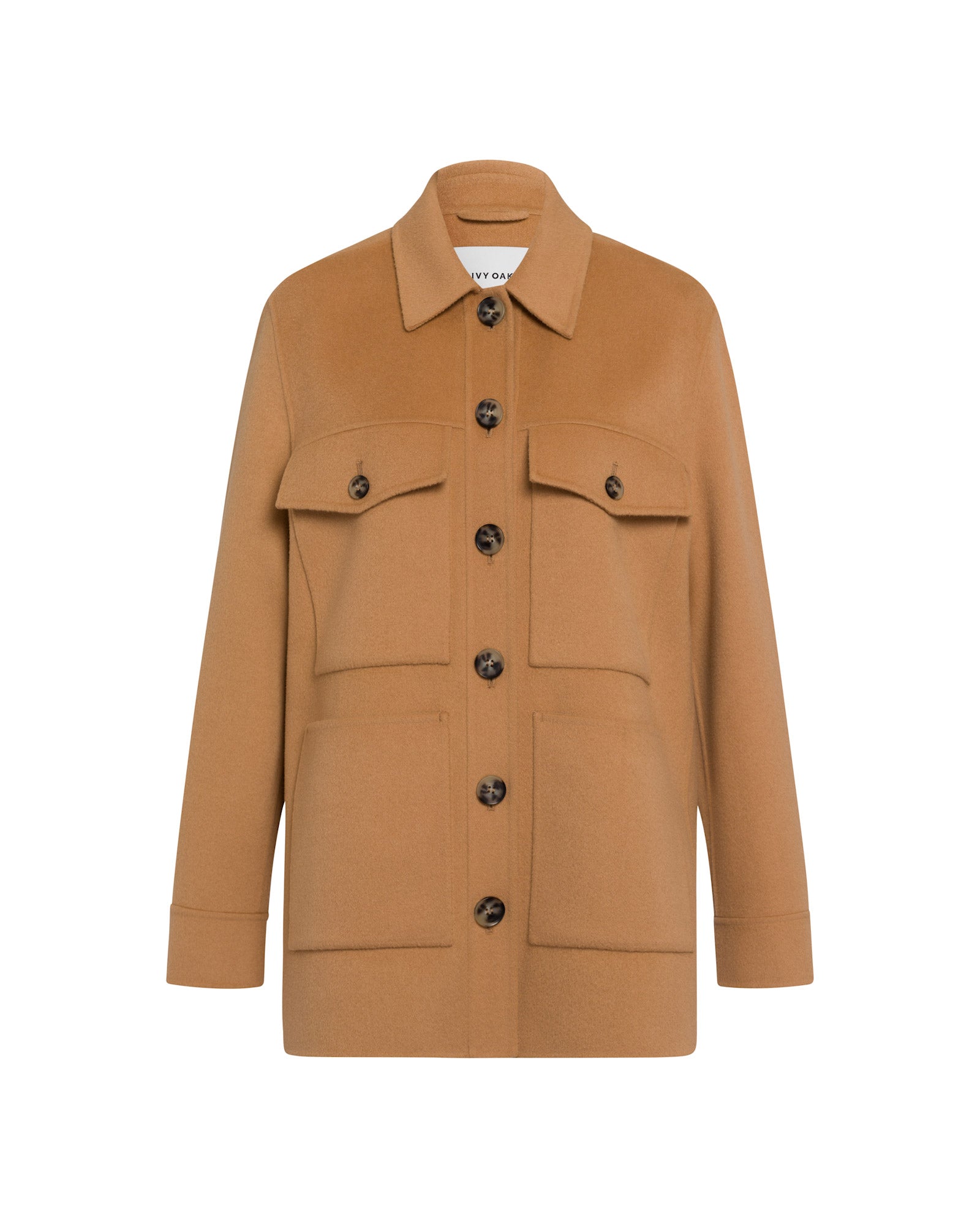 The IVY OAK JUNO Jacket, a camel-colored button-up wool design with four patch pockets and crafted to the Responsible Wool Standard, displayed on a plain white background.