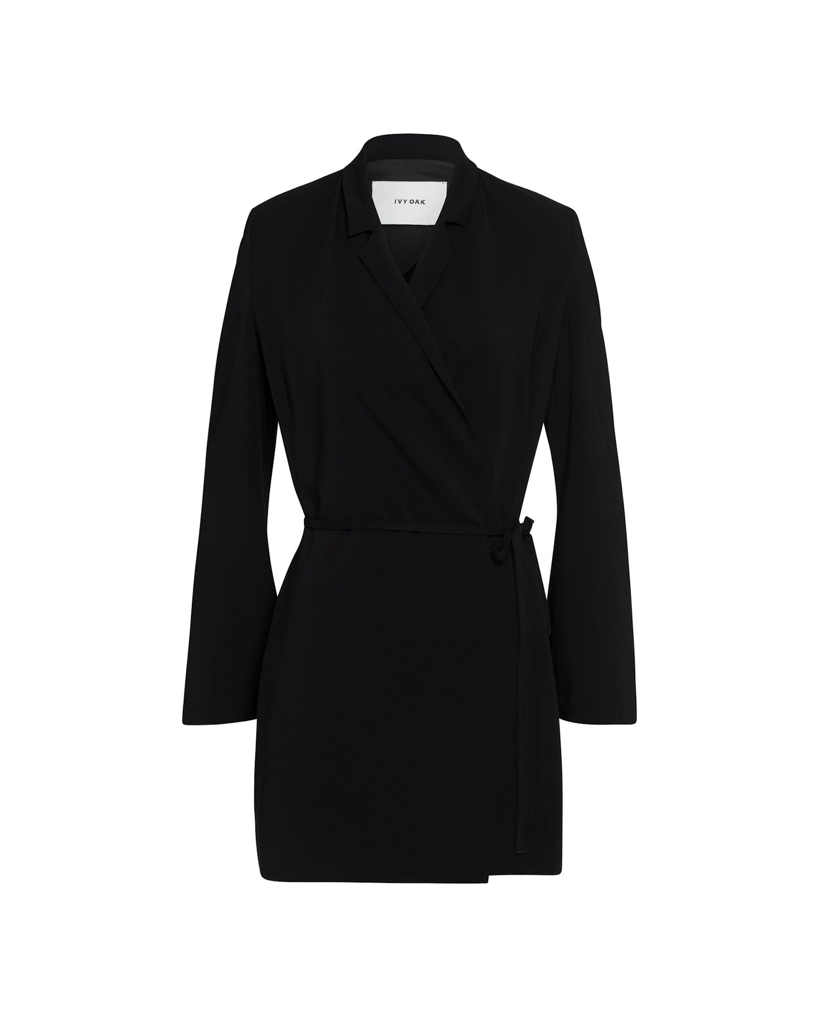 The JANIKA Dress by IVY OAK is a black long-sleeve wrap dress with a tie waist and slim fit, made from a soft viscose mix, shown on a plain white background.