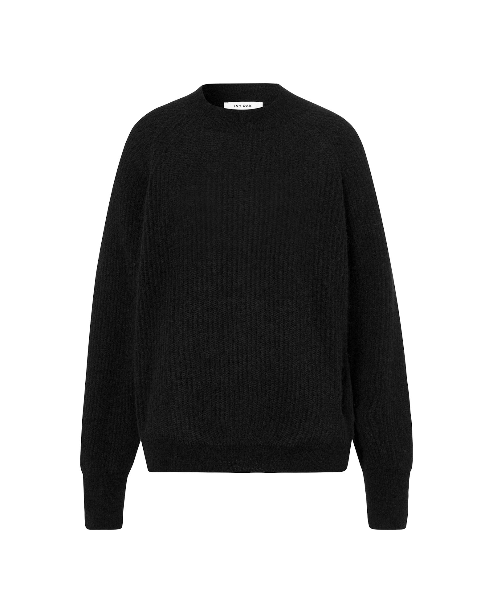 The KIRSTEN Jumper by IVY OAK is a plain black sweater with raglan sleeves and a crew neck, crafted from soft knit and shown against a white background.