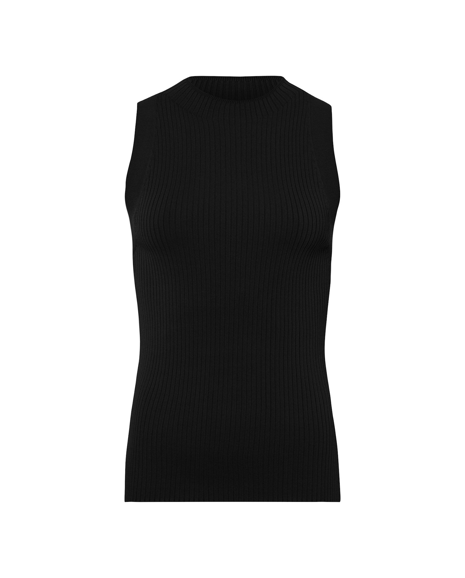 The IVY OAK KESSIE Top is a sleeveless black ribbed knit top with a stand-up collar, shown on a white background.