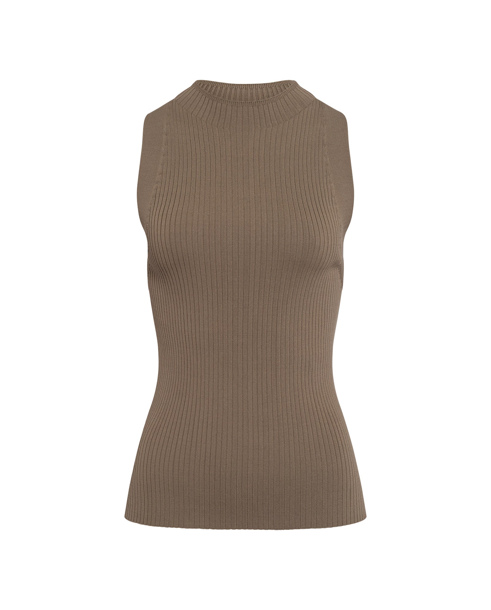 The IVY OAK KESSIE Top is a sleeveless, ribbed taupe knit with a mock neck, made from stretchy fabric for a precise fit and shown against a plain white background.