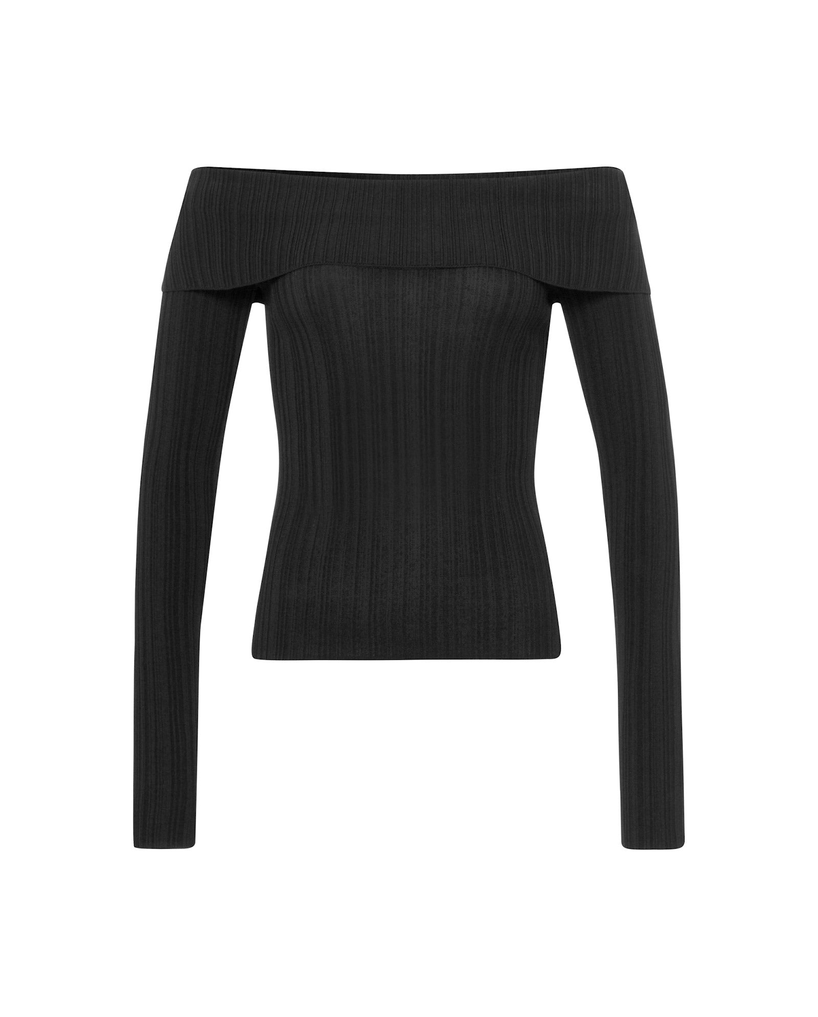 IVY OAKs KALLA Top is a black off-the-shoulder ribbed knit with long sleeves, a fitted silhouette, and a carmen neckline, crafted from stretchy viscose and pictured on a white background.