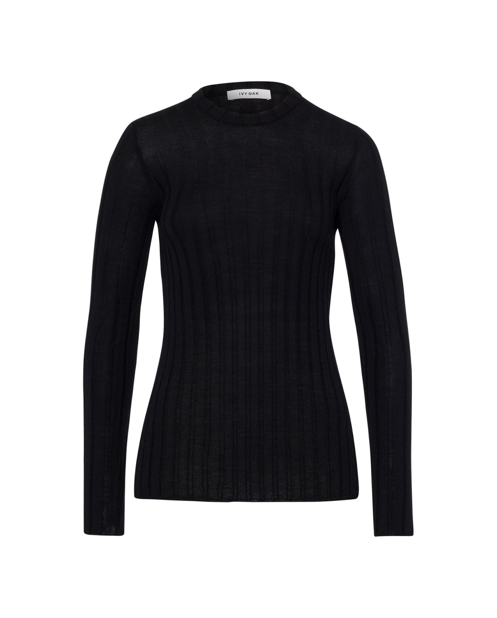 The KACY ANN Top by IVY OAK is a black long-sleeve ribbed knit pullover sweater with a crew neckline, made from Merino rib—ideal for layering during transitional seasons. Shown on a white background.
