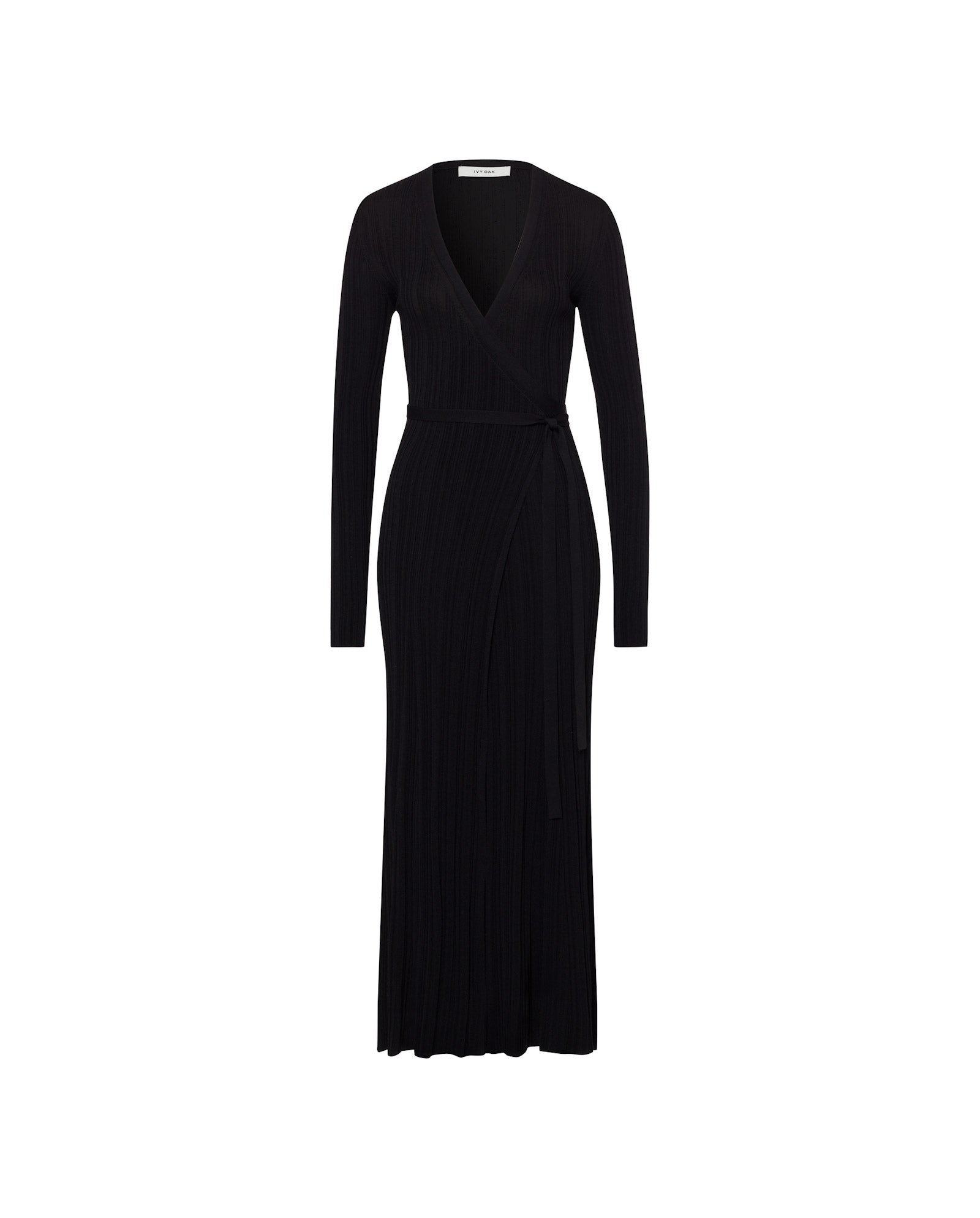 The KLOE Dress by IVY OAK is a black long-sleeve viscose wrap dress with a V-neck, stretchy sleeves, tie waist, and a subtle flared silhouette, shown against a plain white background.