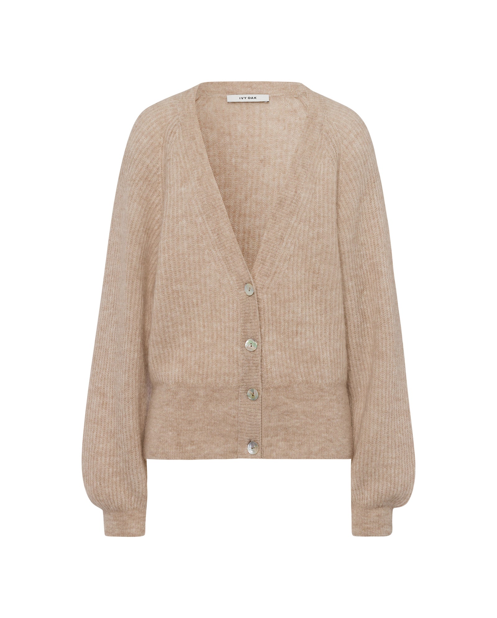 The KEONA ANN Cardigan by IVY OAK is a beige, long-sleeve ribbed knit design with a deep neckline and four front buttons, crafted from a soft alpaca blend.