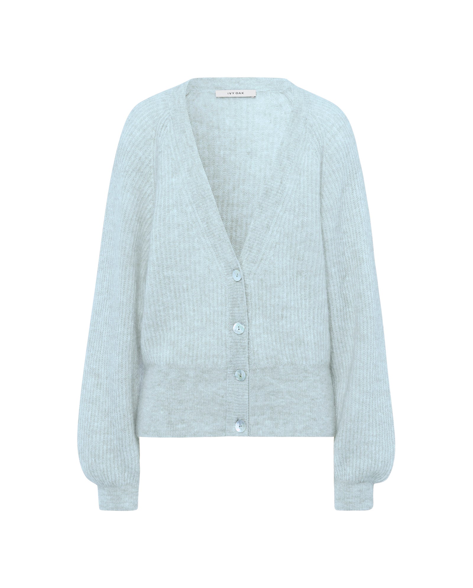 The IVY OAK KEONA ANN Cardigan is a light gray, long-sleeved alpaca blend with a ribbed texture, deep neckline, and four front buttons.