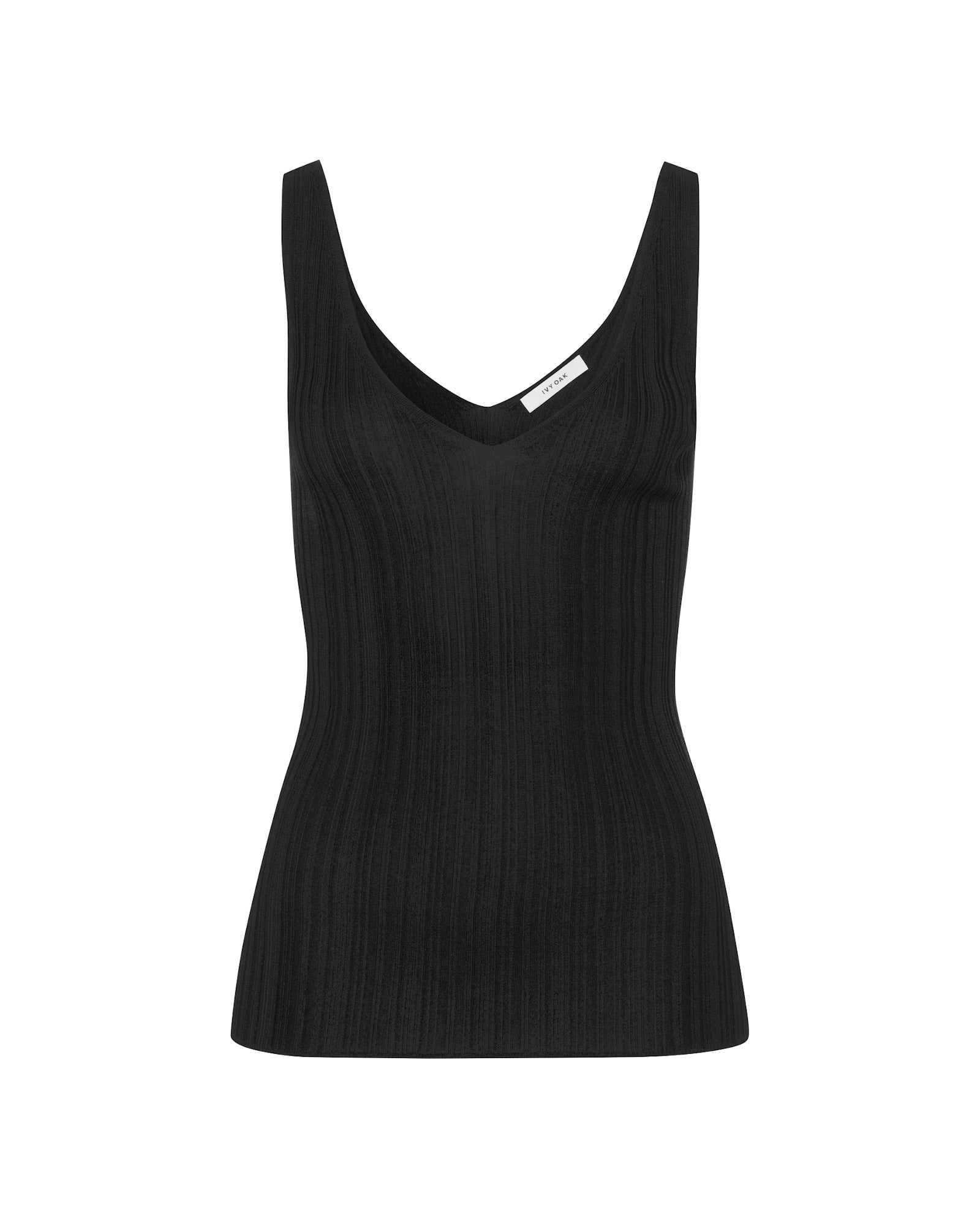 The KYM Top by IVY OAK is a sleeveless black viscose piece in a stretchy ribbed knit with a deep V-neckline, shown against a plain white background.