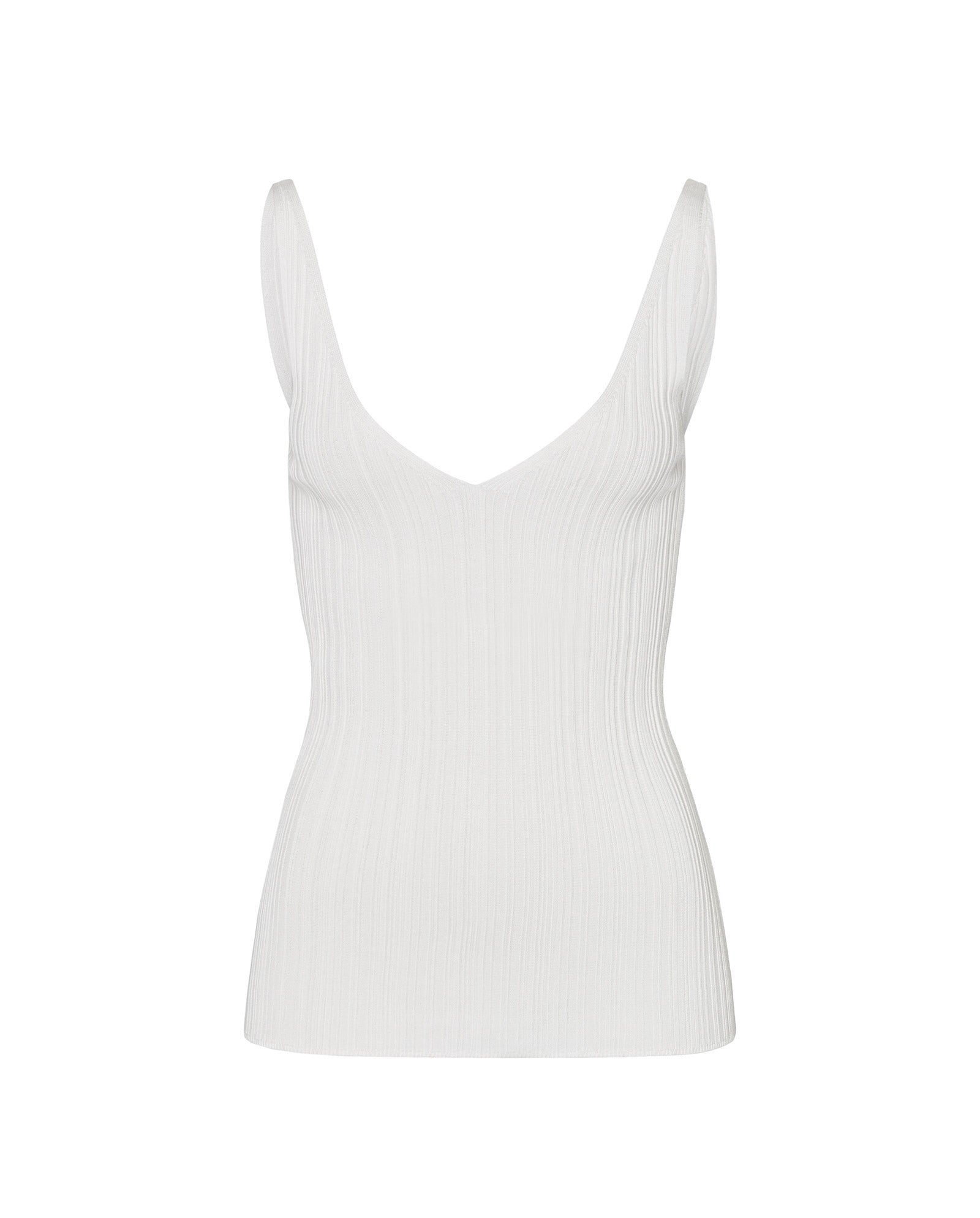 The IVY OAK KYM Top is a white, ribbed, sleeveless V-neck tank crafted from stretchy knit viscose, shown on a plain white background.