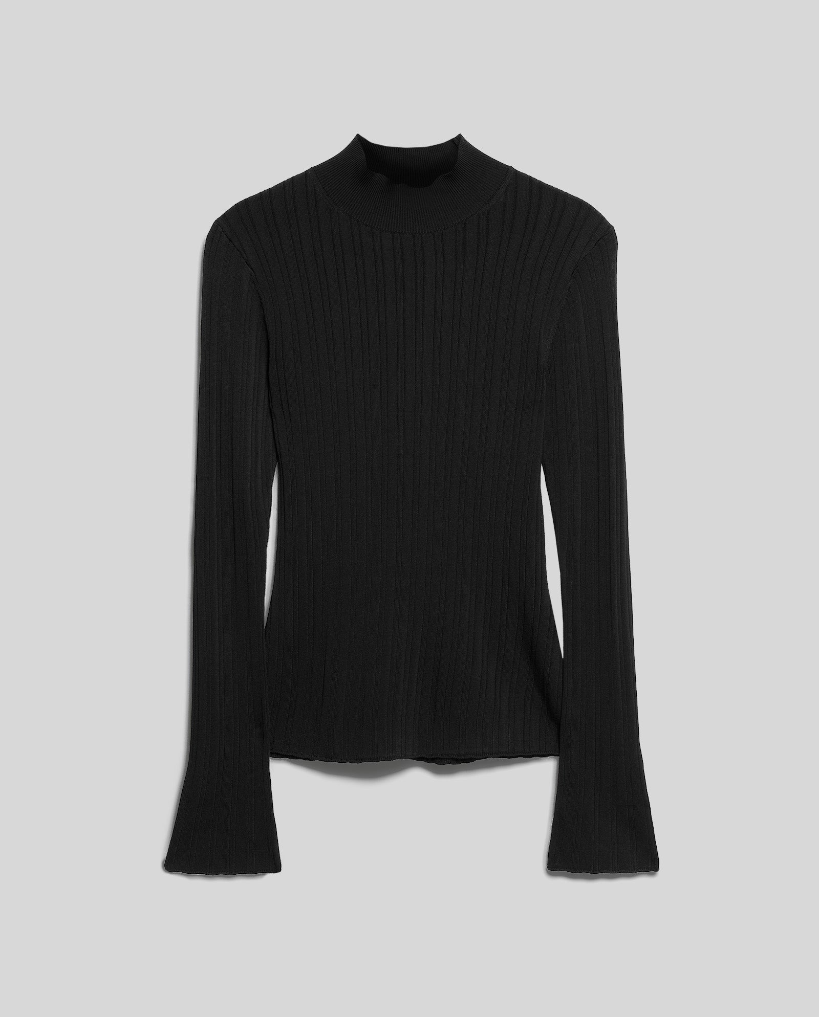 The KYLIE Jumper by IVY OAK is a black ribbed long-sleeve knitted viscose top with a stand-up collar, shown against a plain gray background.