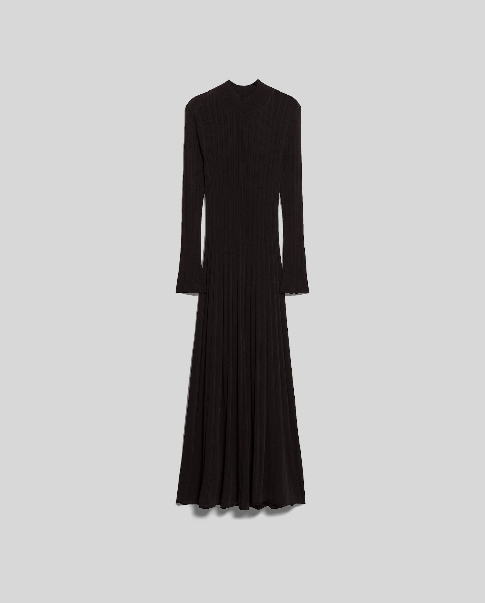The IVY OAK KOURTNEY Dress is a black long-sleeve viscose knit with a fitted bodice, flared skirt, and subtle ribbed texture for a flattering fit, shown against a gray background.