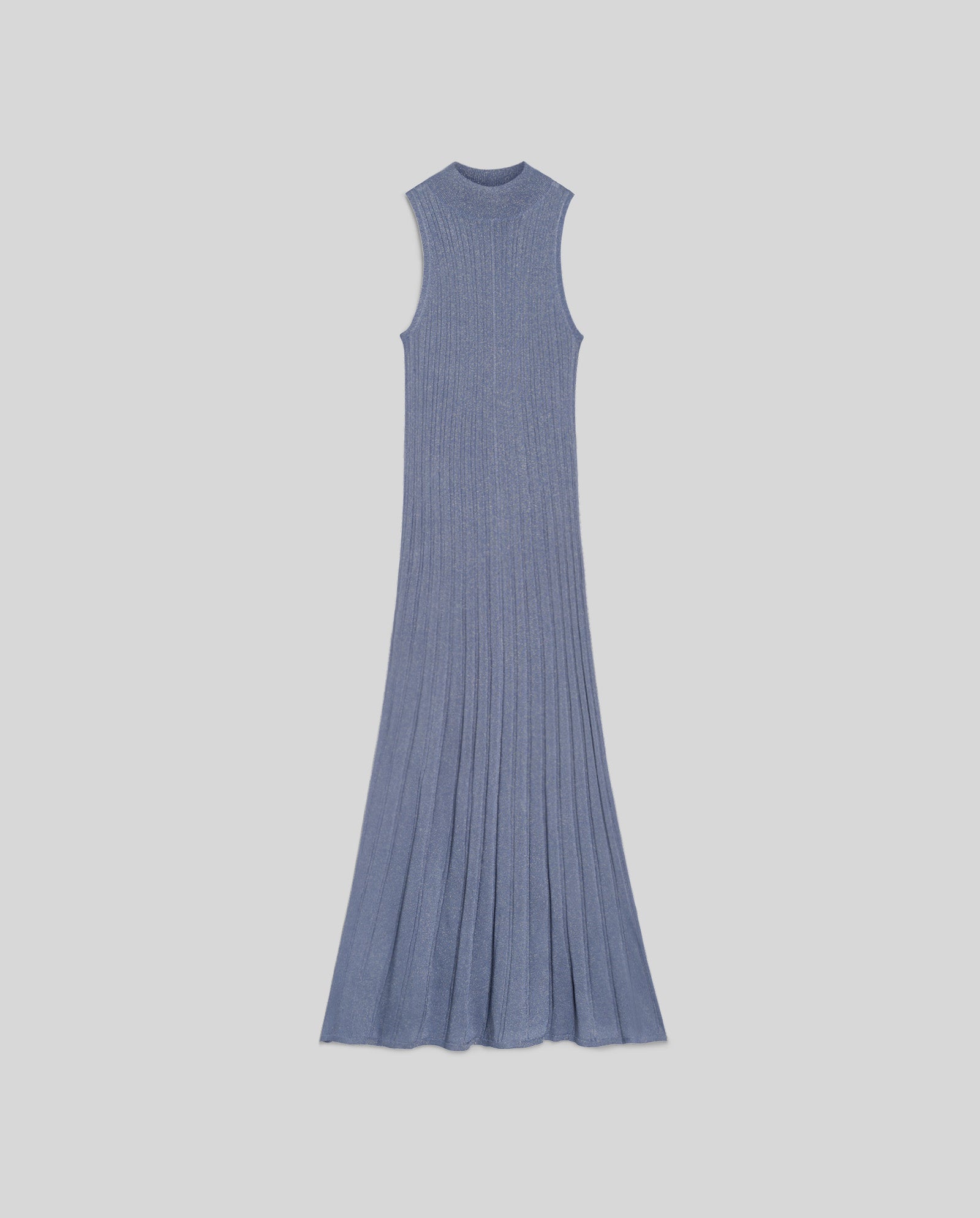 IVY OAK’s FLORA Dress is sleeveless and light blue, featuring a fitted ribbed knit maxi silhouette with a high neckline, shown against a plain background.