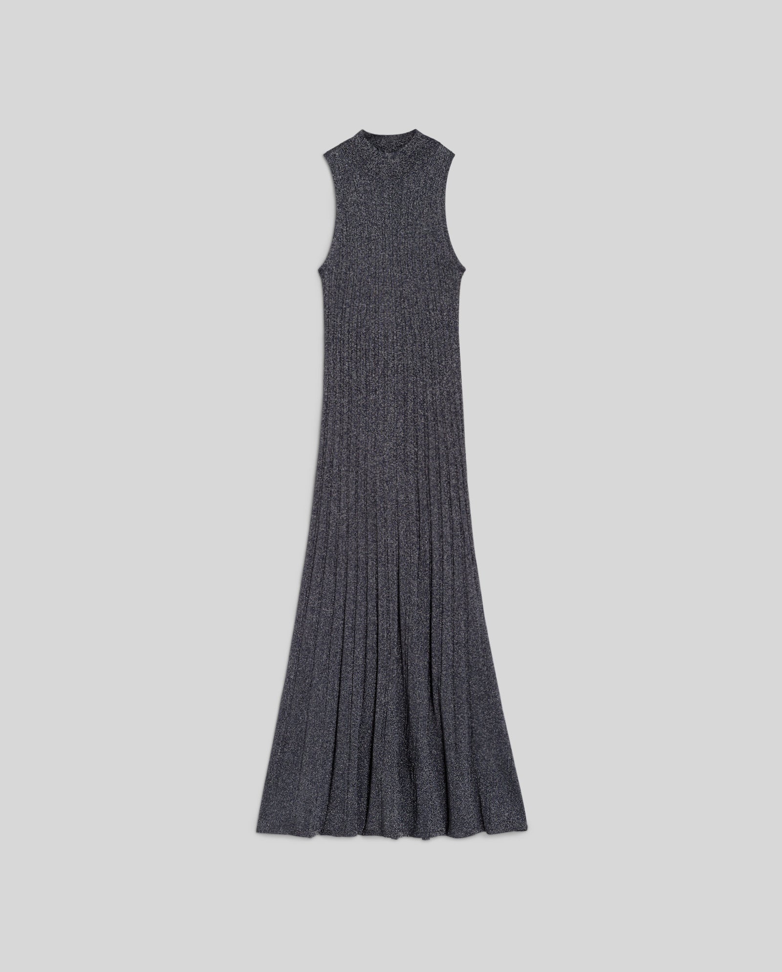The IVY OAK FLORA Dress is a sleeveless, long dark gray fitted knit dress with a ribbed texture and flared hem, shown laid flat on a light gray background.