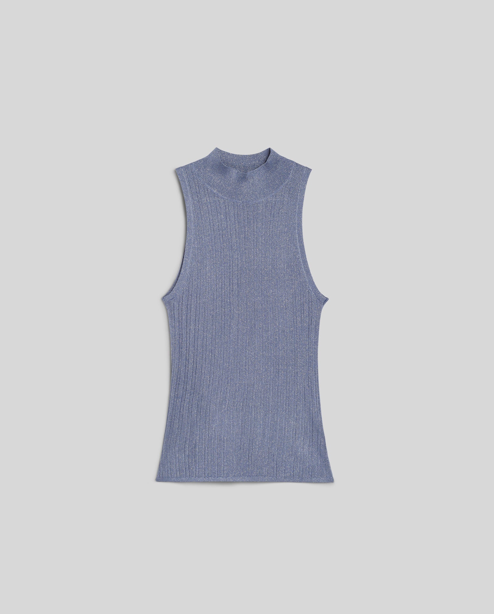 The FINJA Top by IVY OAK is a sleeveless ribbed knit in light blue, featuring an elegant high collar and shown laid flat on a light grey background.