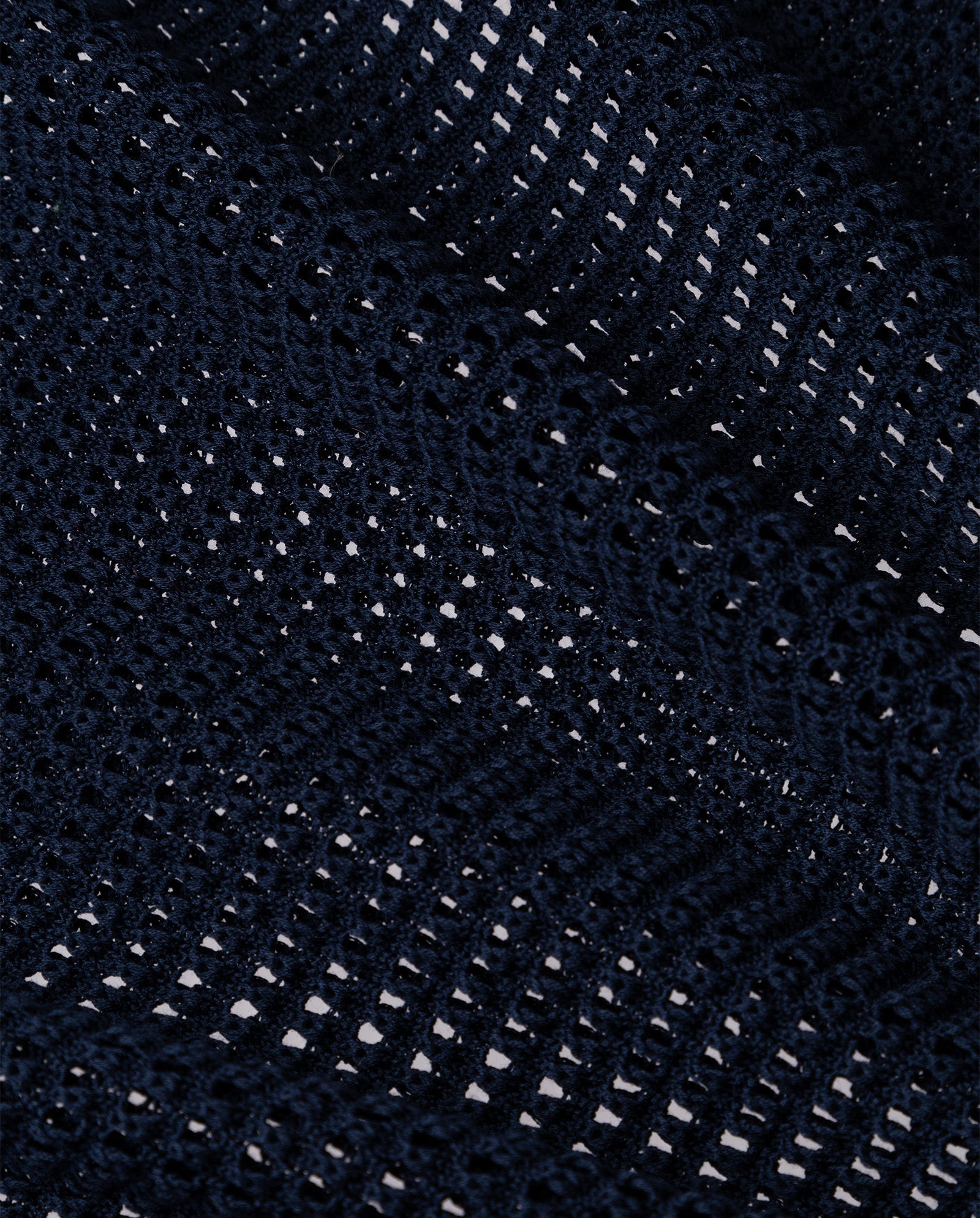 Close-up of the dark blue, textured open-knit crochet fabric used in the IVY OAK FABRIZIA Skirt, featuring repeating patterns and small holes—ideal for a summer look or relaxed A-line styles.