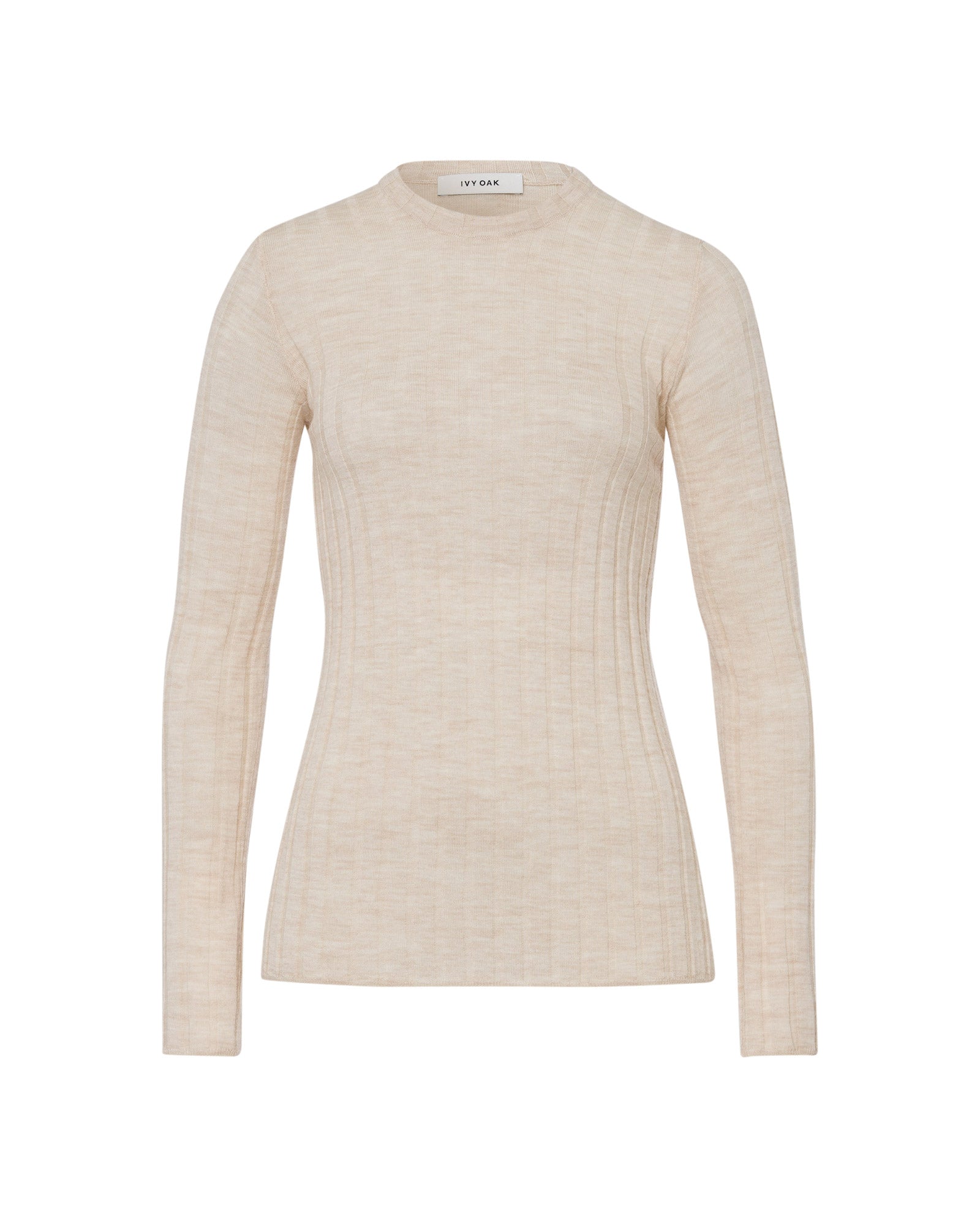The IVY OAK KACY ANN Knittop is a beige, long-sleeve Merino rib pullover sweater with a crew neckline, perfect for transitional weather and shown against a plain white background.