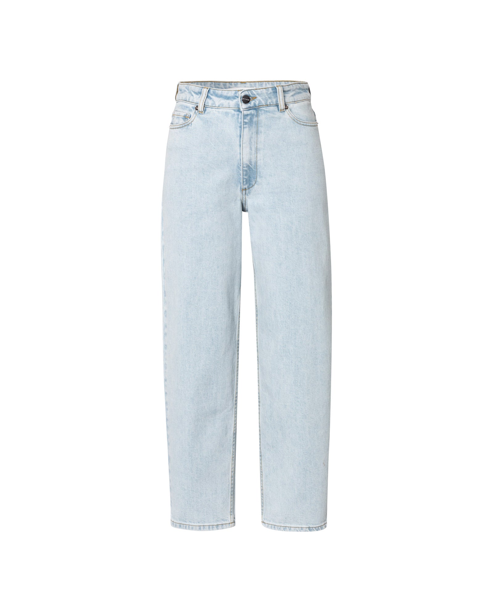 IVY OAK PETRA Trousers—light blue, high-waisted barrel leg jeans with front button and pockets, shown on a white background.
