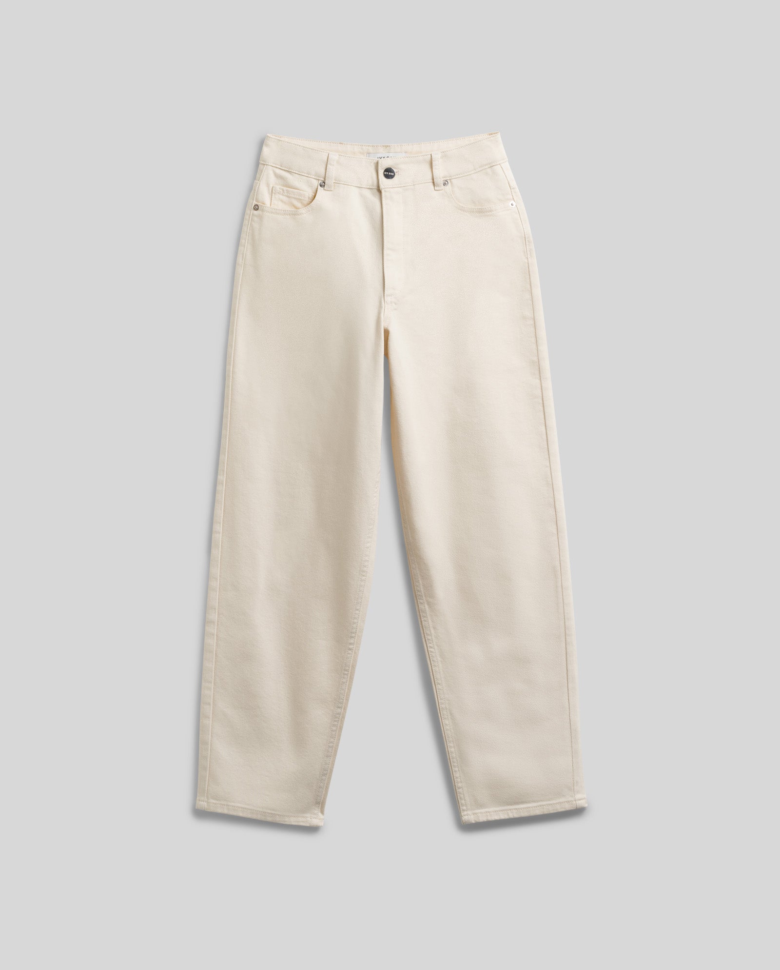 The IVY OAK PETRA Trousers, featuring a beige barrel-leg design and patch pockets, are displayed flat on a light gray background.