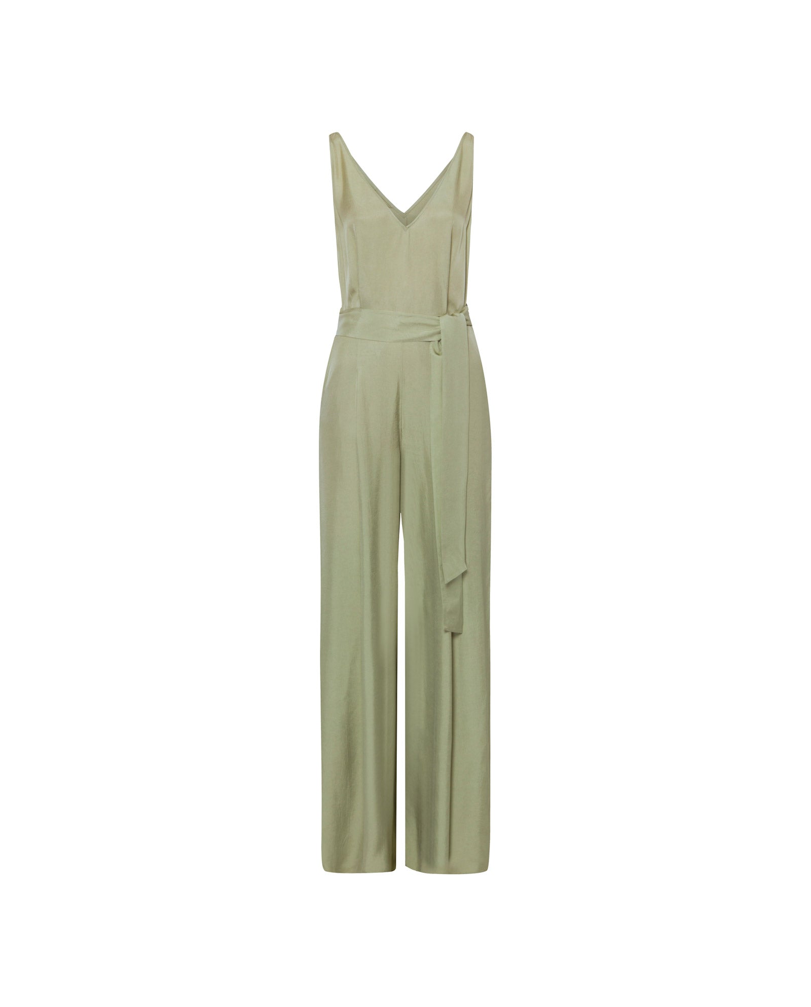 Light green IVY OAK PATRICIA Jumpsuit with wide legs, V-neck, and matching waist tie, crafted from Naia acetate and shown on a white background.