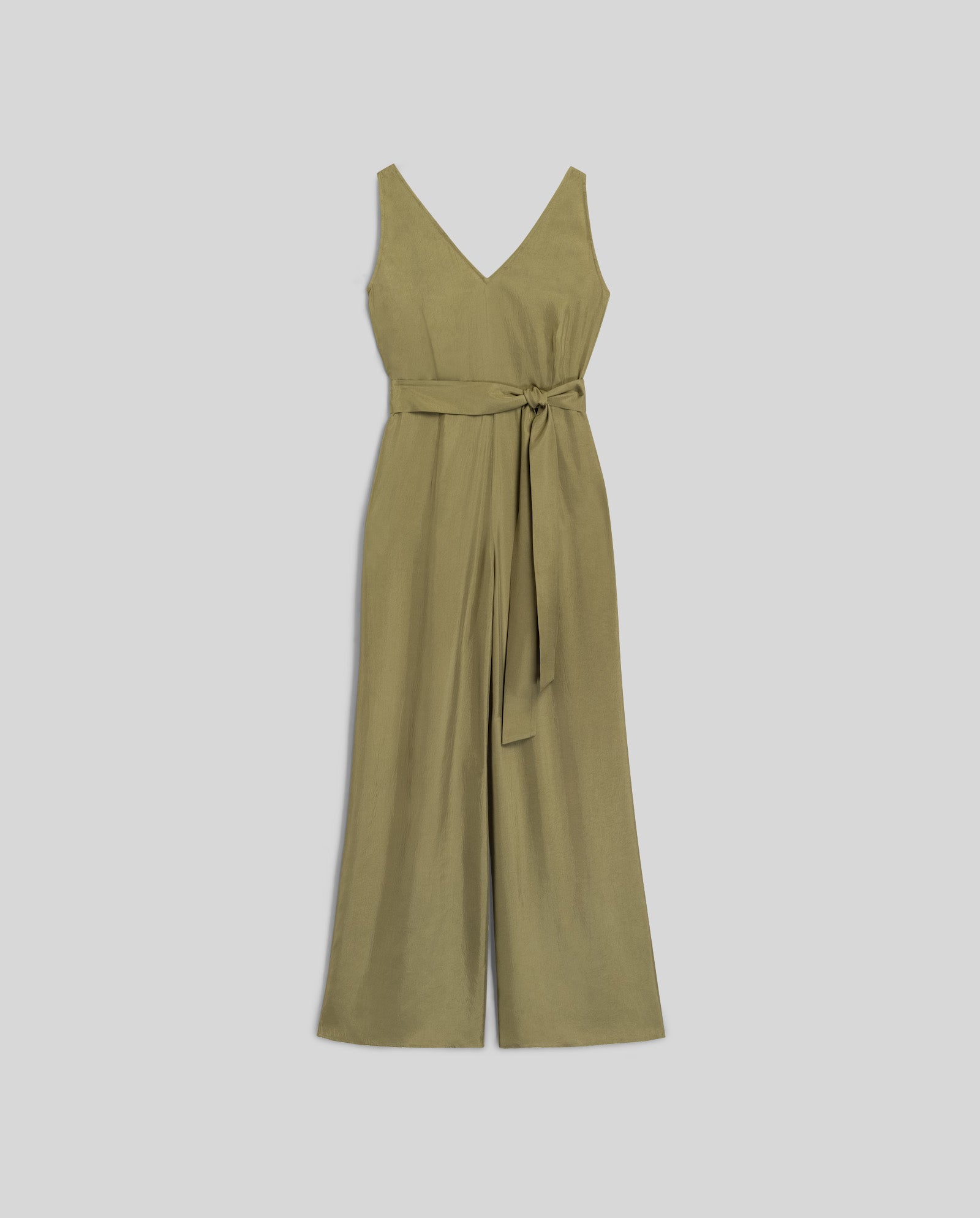 IVY OAKs PATRICIA Jumpsuit in olive green features a sleeveless design, V-neckline, and a matching adjustable Naia acetate belt, displayed on a plain background.