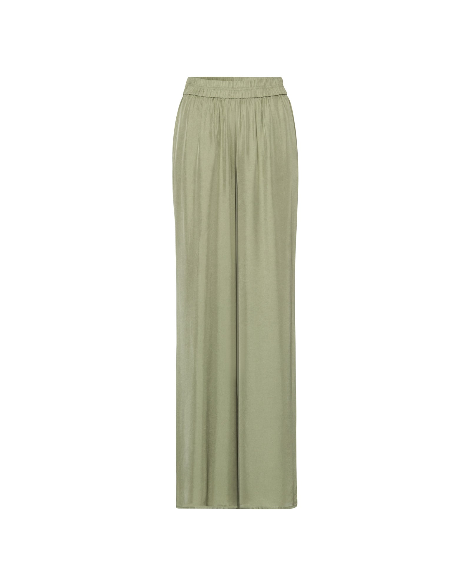 The IVY OAK PIA ROSE Trousers are light green, high-waisted wide-leg pants crafted from Naia acetate with an elastic waistband, shown on a white background.