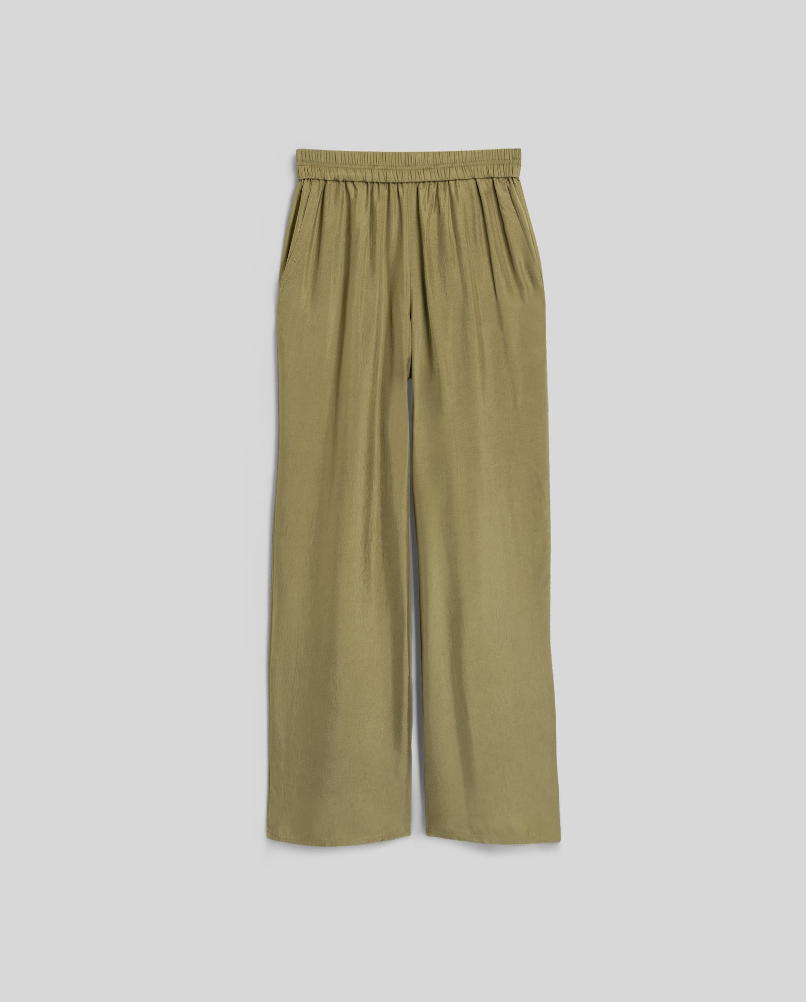 The IVY OAK PIA ROSE Trousers in light olive green feature wide legs and an elastic waistband, made from certified Naia acetate, shown against a plain background.