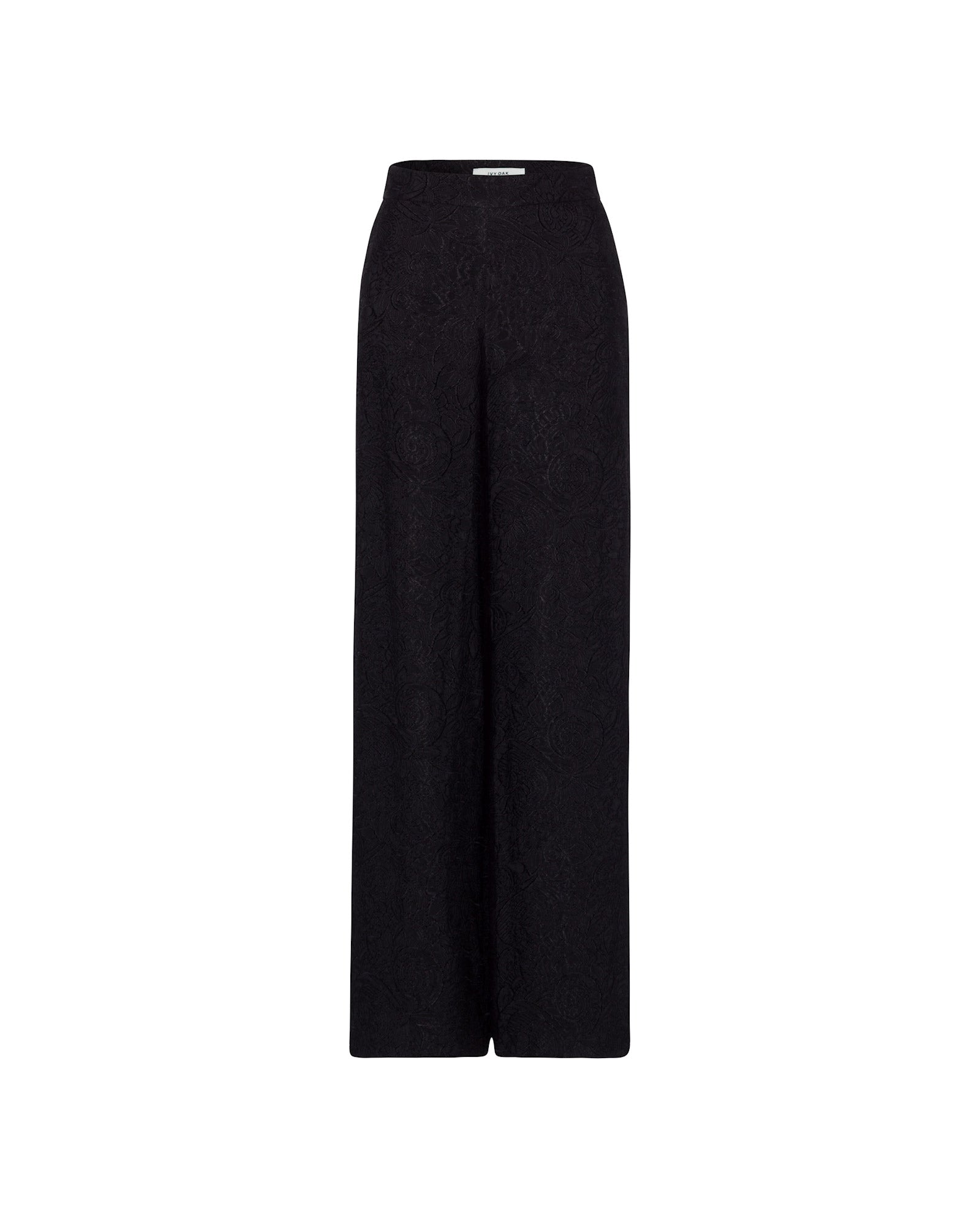Black high-waisted IVY OAK PRIYA Trouser featuring a wide-leg silhouette and subtle fil coupé textured pattern, shown on a white background.
