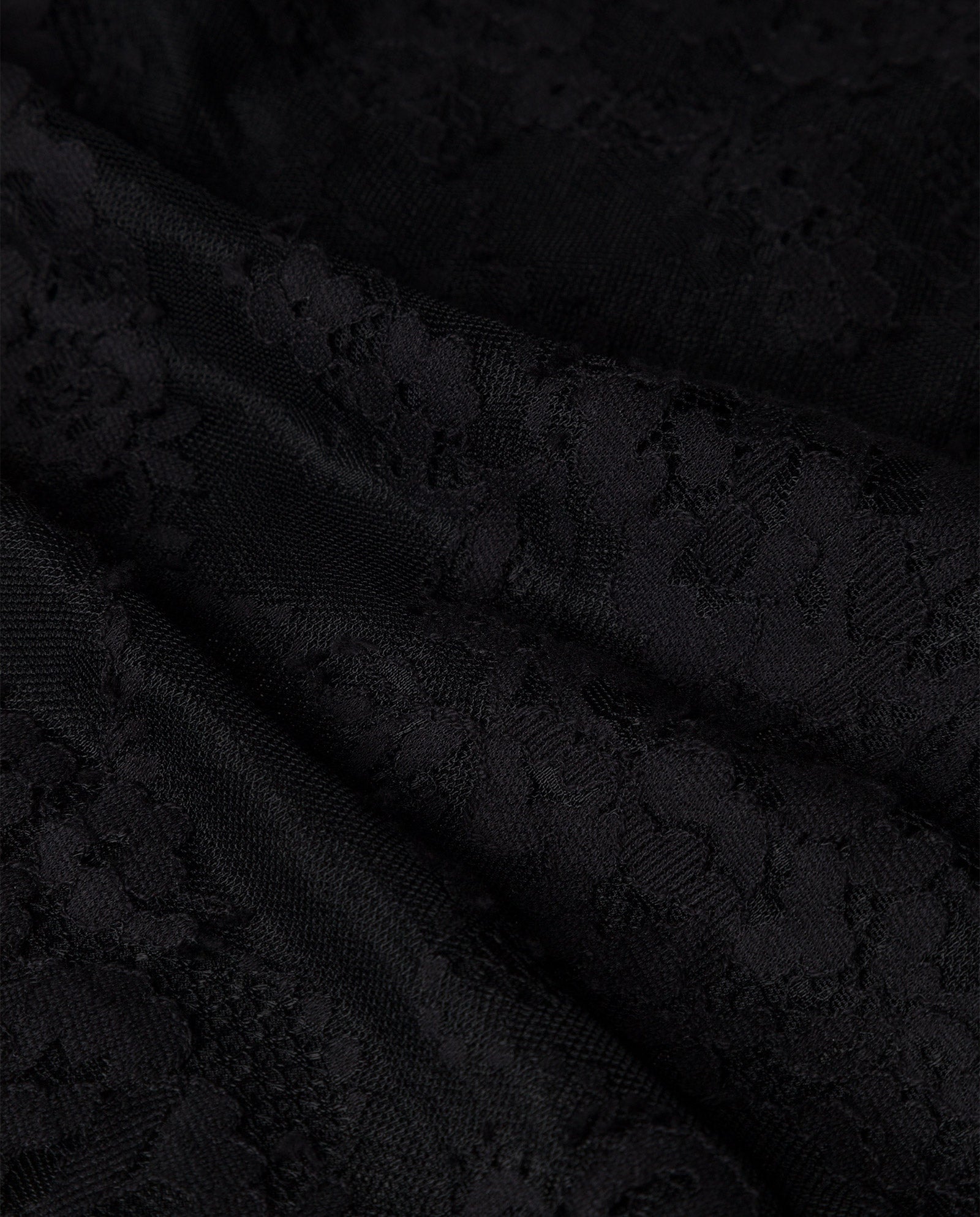Close-up of black fil coupé lace fabric with a floral pattern and subtle texture, ideal for the elegant PRIYA Trouser by IVY OAK.