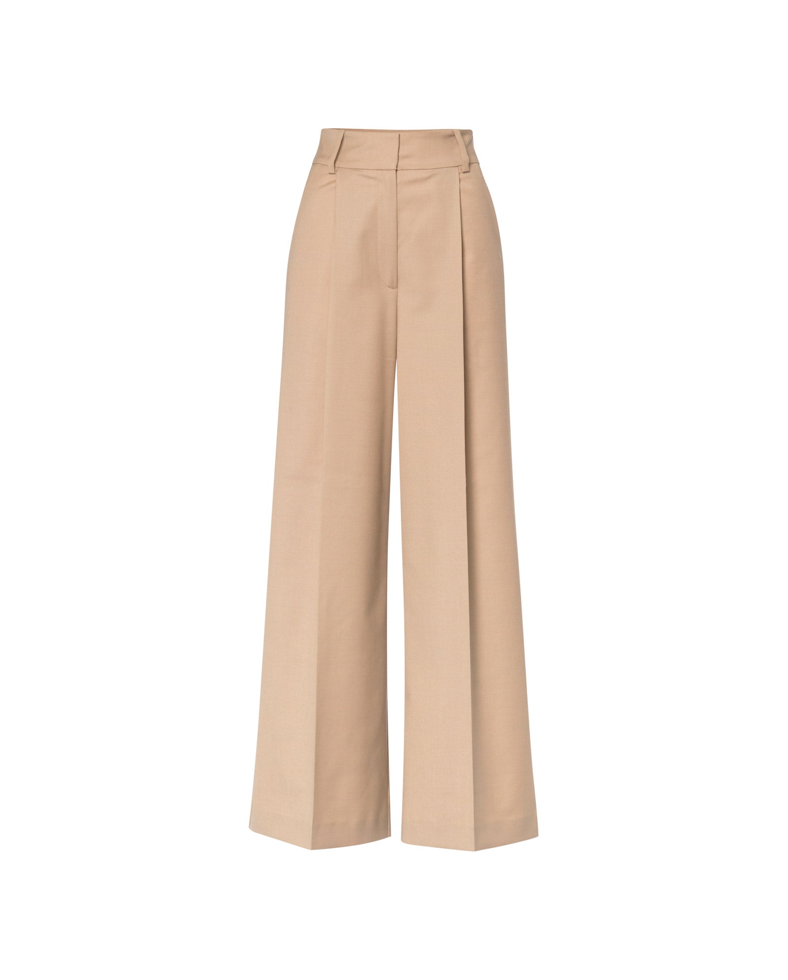 The IVY OAK PRESCILLIA Trouser is a beige, high-waisted, wide-leg style featuring front creases and pleats, shown on a white background.