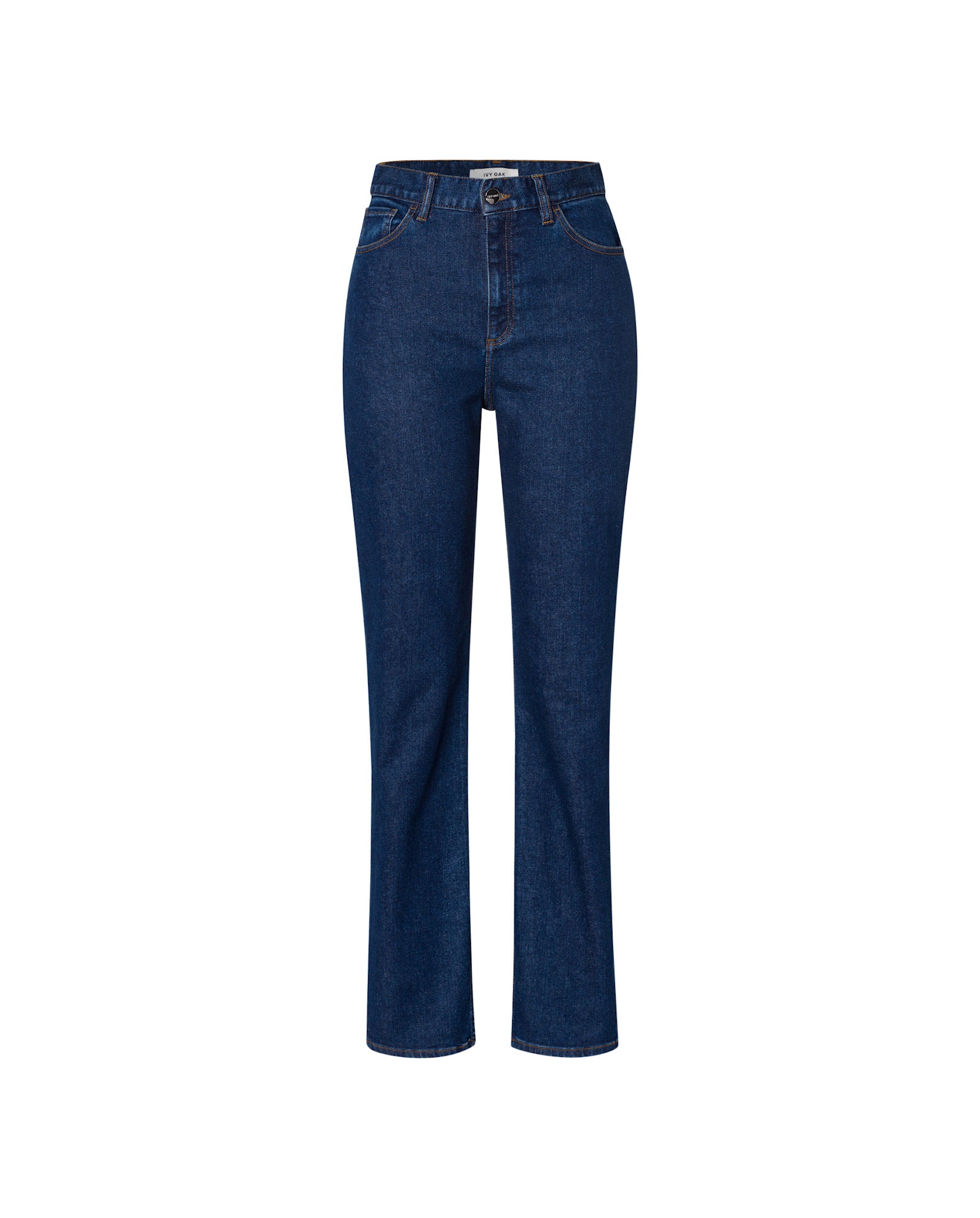 Dark blue POEMA Trousers by IVY OAK with a high waist, straight leg, front pockets, and button closure, detailed with subtle contrast stitching on a white background.