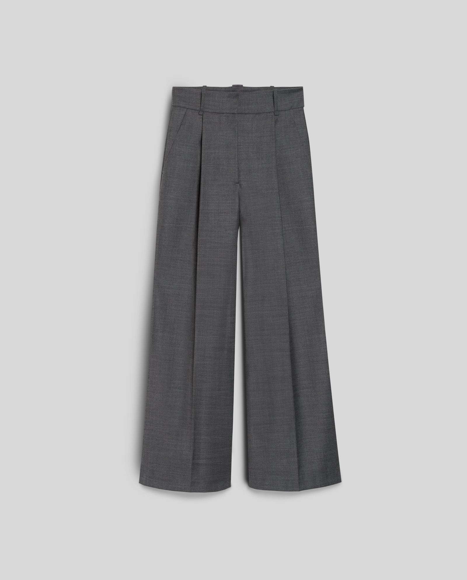 The PRESCILLIA Trousers by IVY OAK are wide-leg gray pants featuring pleats, belt loops, and a high waist—ideal for tall frames and perfectly paired with the JOLANKA blazer, shown against a light background.