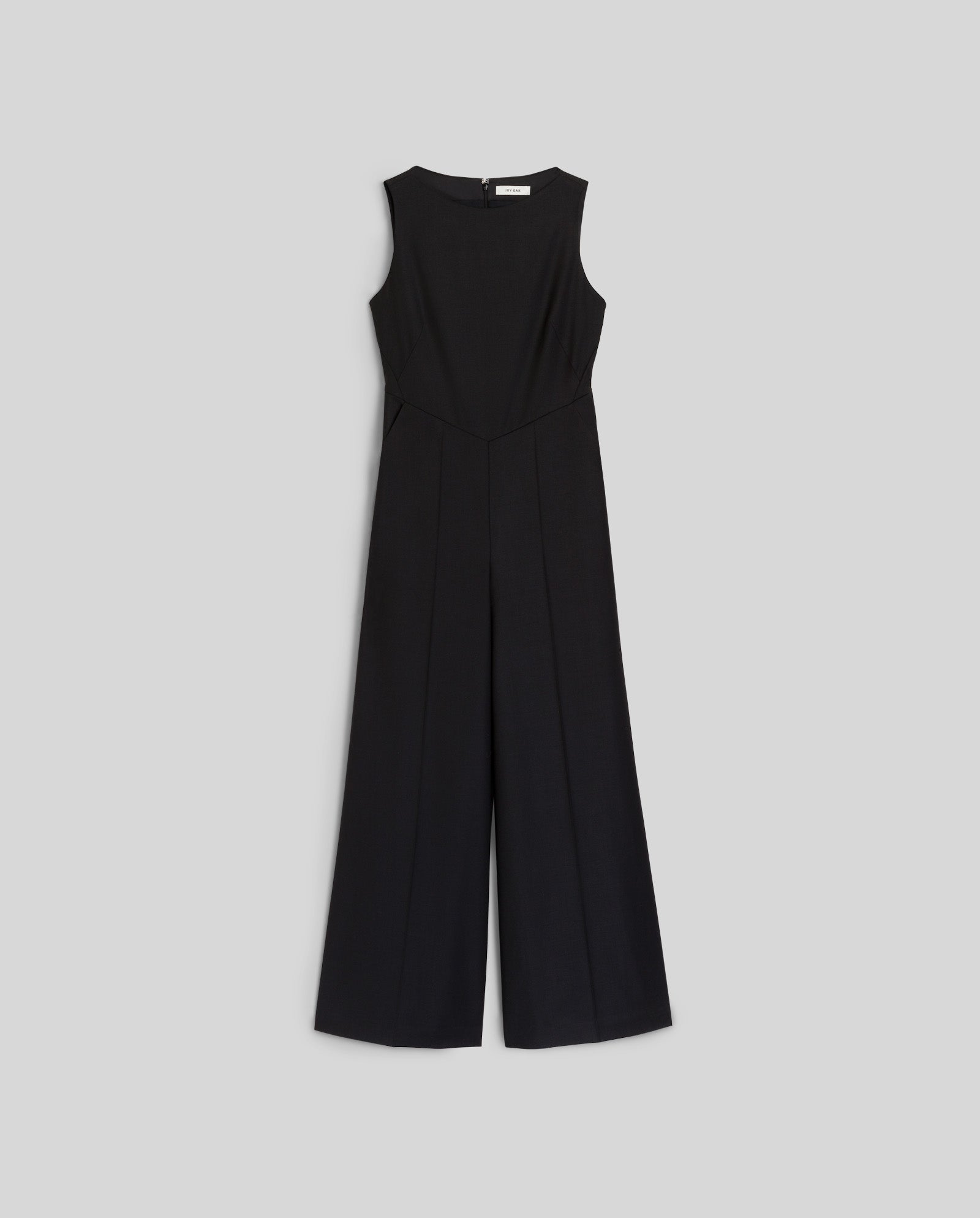 The IVY OAK PEPPINA Jumpsuit is a sleeveless black piece with a boat neckline, fitted bodice, and wide leg pants, shown against a plain light gray background.