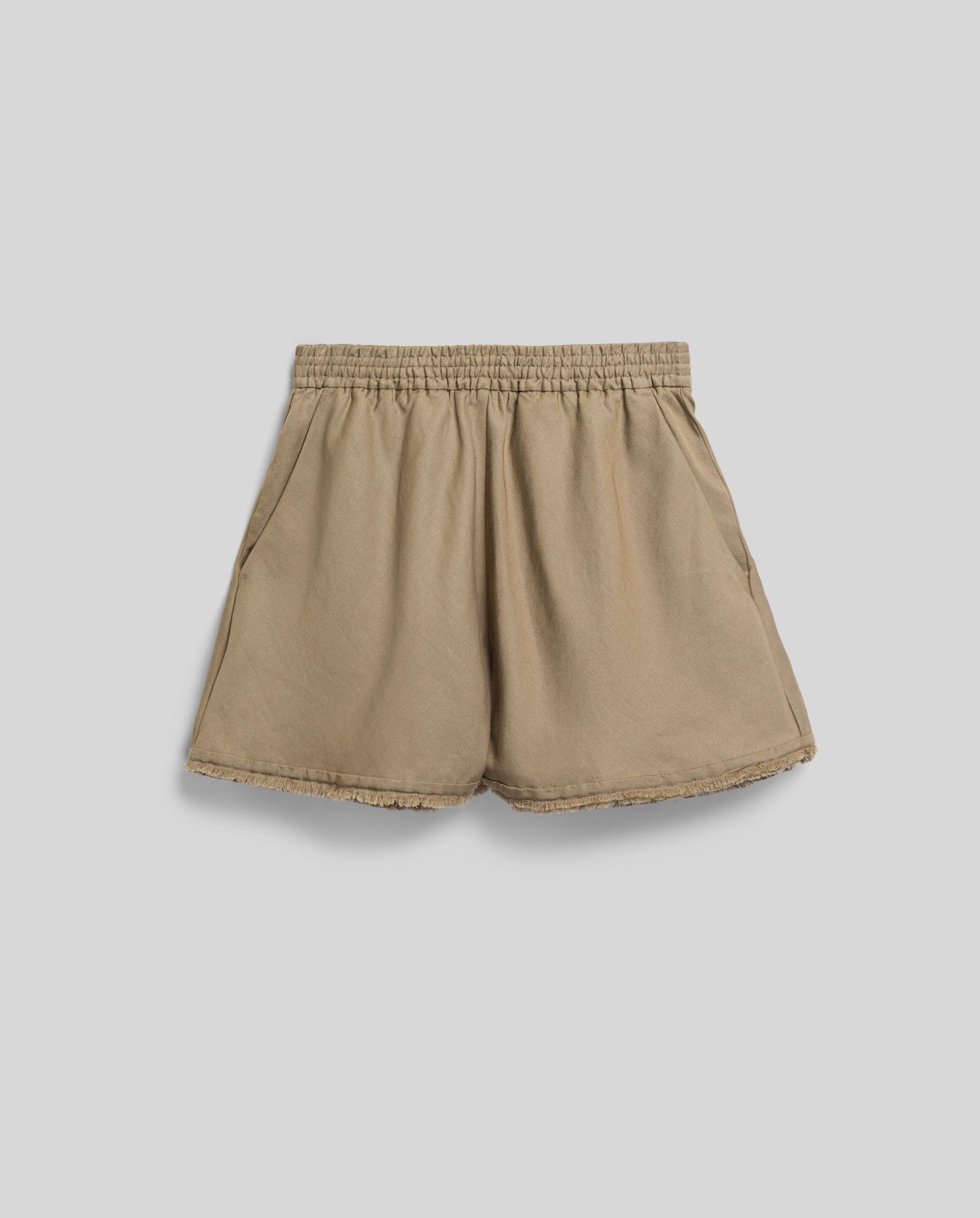 The IVY OAK PIPER Trousers are beige linen mix shorts featuring an elastic waistband, side pockets, and subtle fringed hems, shown on a plain light background.