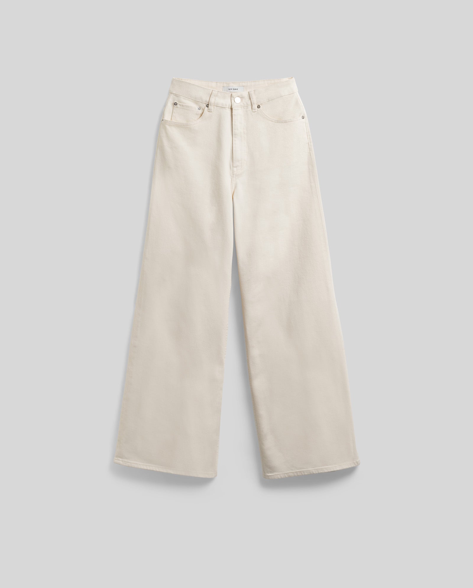The PRIJANKA Jeans by IVY OAK are wide-leg, high-waisted denim in cream, shown laid flat on a light gray background.