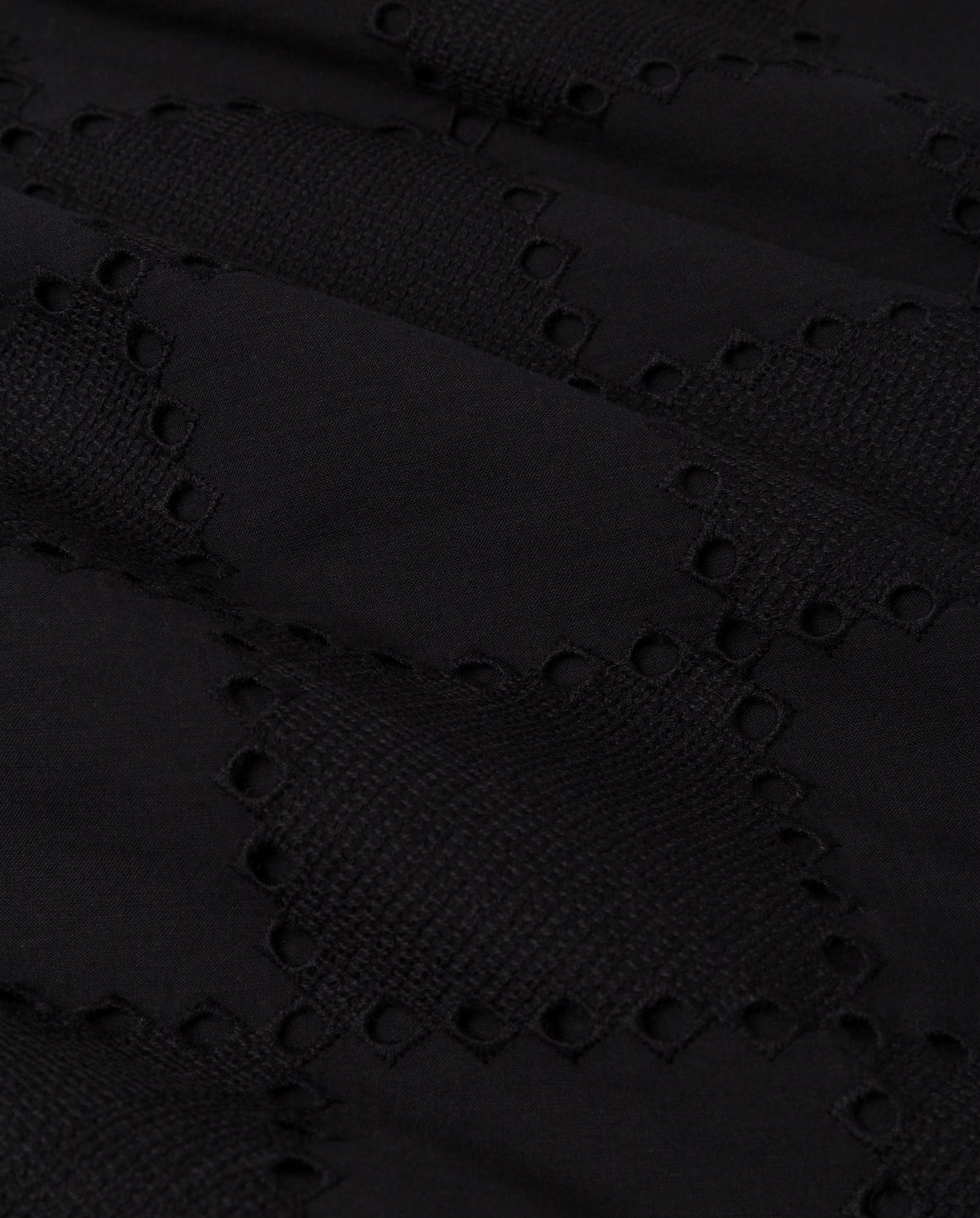 Close-up of black broderie anglaise fabric with geometric cut-out and embroidered patterns, featured on the IVY OAK PIPER SUE Trousers.