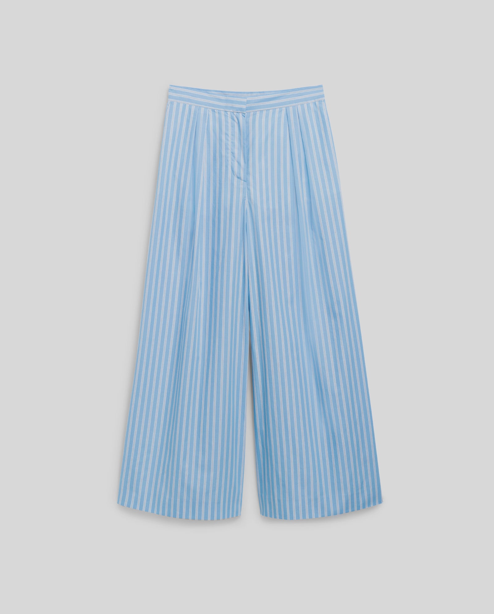 The PIERINA Pants by IVY OAK feature light blue and white vertical stripes, a high waist with darts, and a wide-leg cut. Made from long cotton, theyre showcased against a plain background.