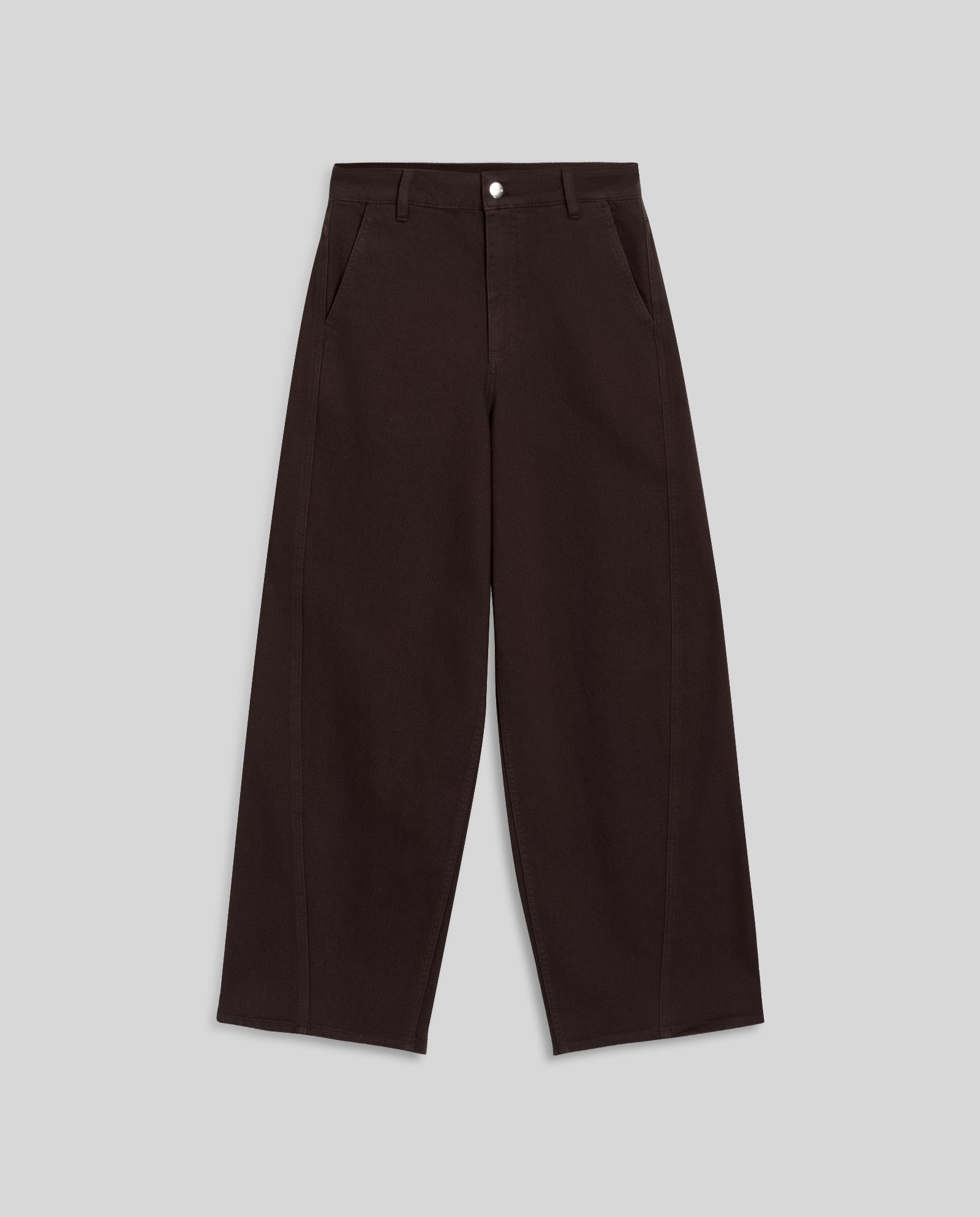 The IVY OAK PHILA Pants are wide-leg, black barrel-leg trousers with front pockets and a button closure, displayed on a plain light gray background.