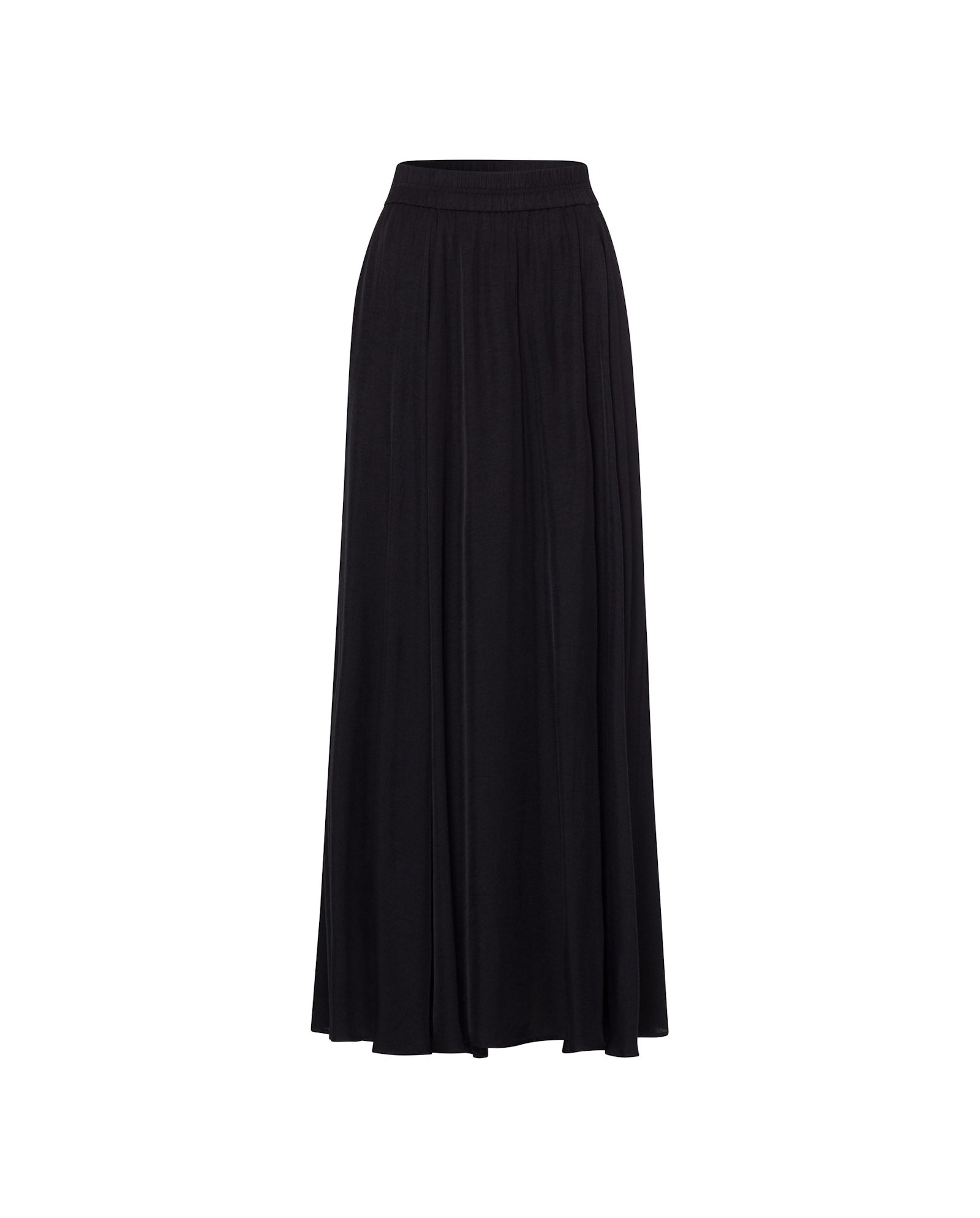 The IVY OAK SYLVIA MAY Skirt is a long, black, flowy maxi skirt made from Naia acetate with an elastic waistband, shown against a white background.