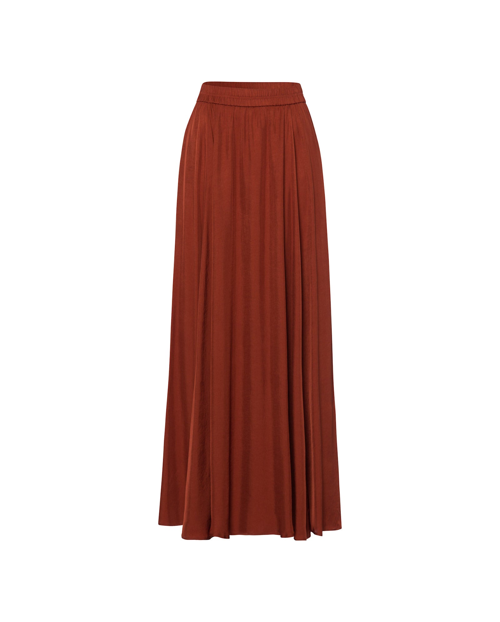 The IVY OAK SYLVIA MAY Skirt is a long, rust-colored maxi skirt with a gathered elastic waistband, made from lightweight Naia acetate and shown against a white background.