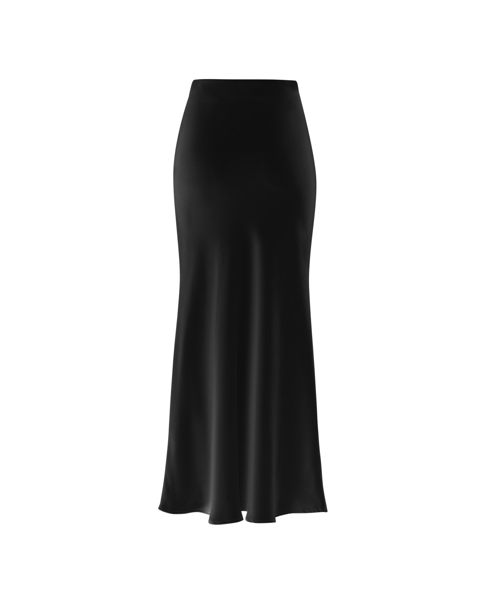 The IVY OAK SUMMER Skirt is a long, black, ankle-length high-waisted satin skirt with a flared hem, shown on a white background.