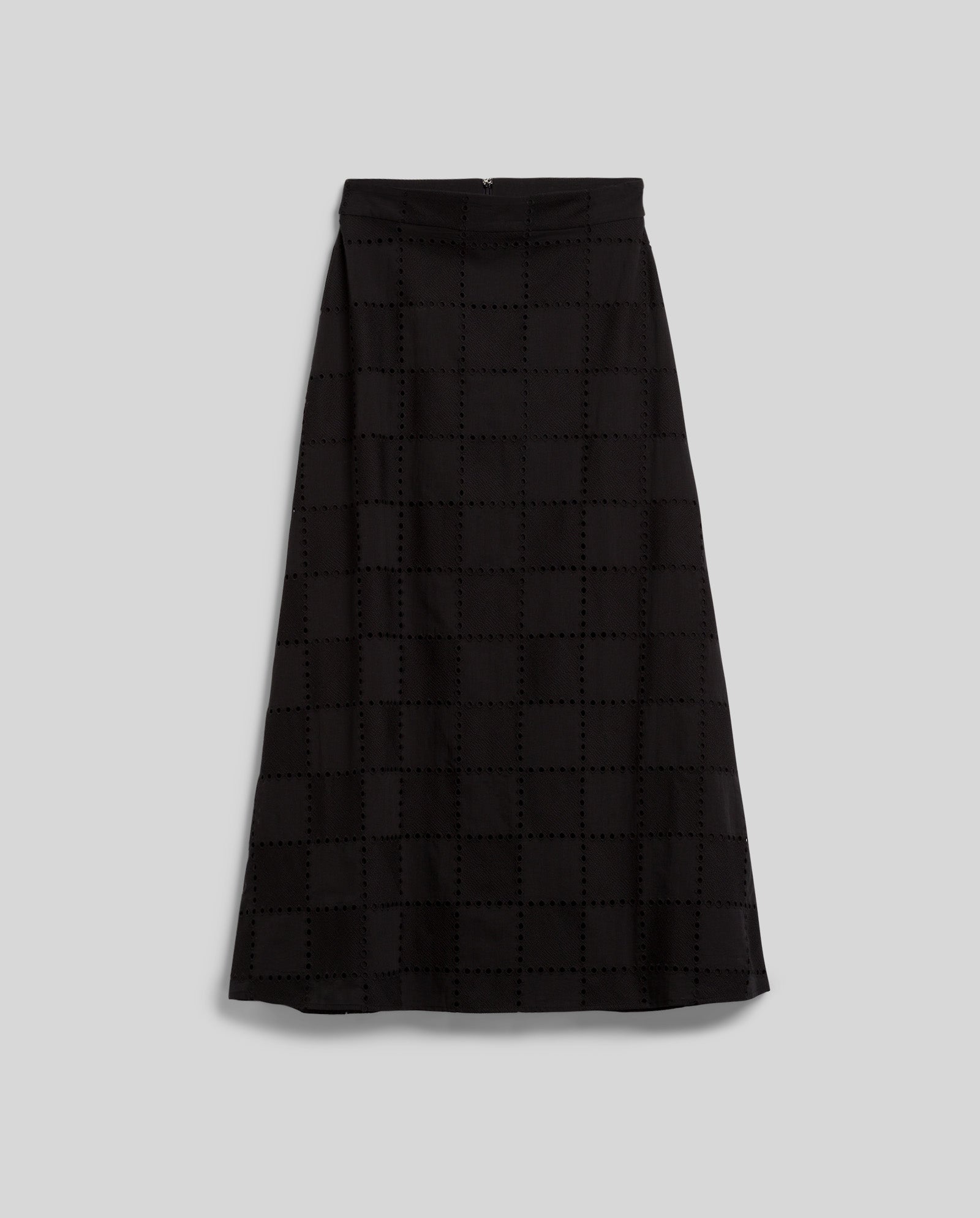 The SAMANTHA Skirt by IVY OAK is a long black A-line maxi with a subtle checkered pattern and back zipper, shown against a plain gray background.