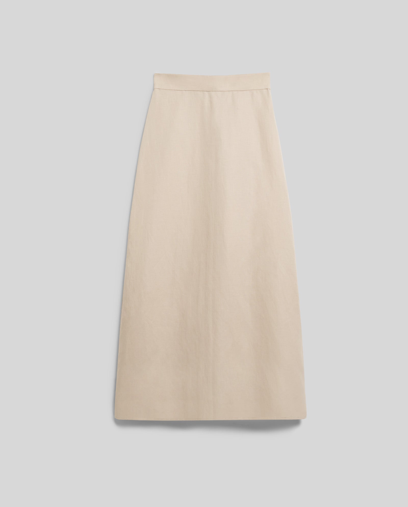 The IVY OAK SAMANTHA ANN Skirt is a beige, high-waisted linen blend with an A-line midi cut, shown laid flat on a light gray background.