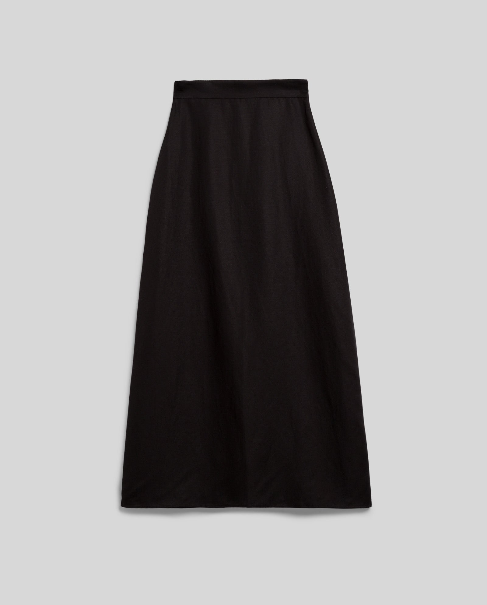 The SAMANTHA ANN skirt by IVY OAK is a long black linen-blend A-line skirt with a high waist, shown on a plain light gray background.