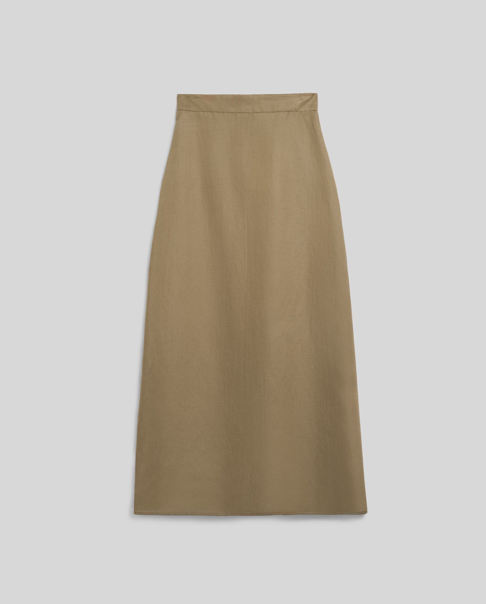 The IVY OAK SAMANTHA ANN Skirt is a khaki, high-waisted A-line midi made from a linen blend, shown laid flat on a light gray background.