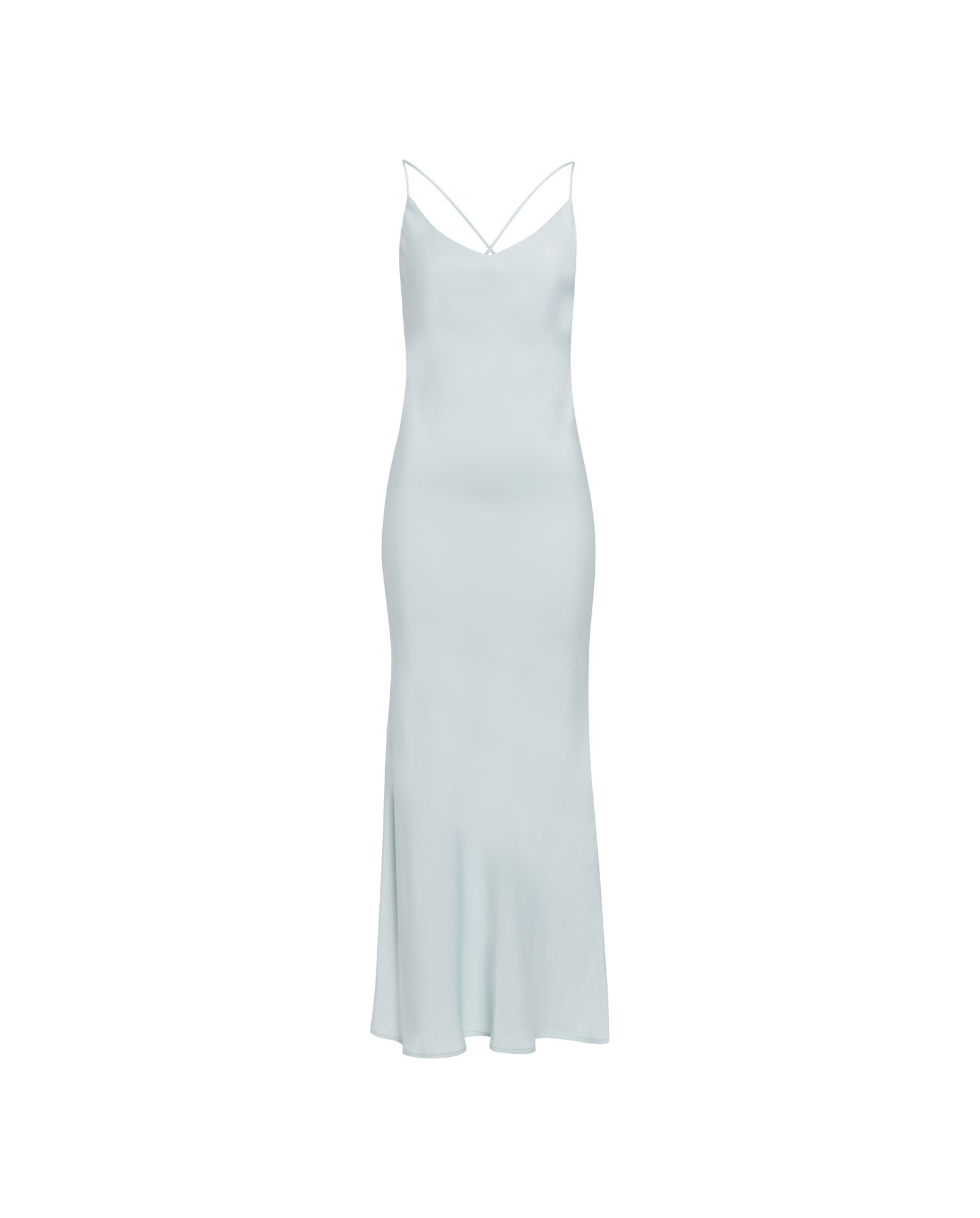 The NOEL Dress by IVY OAK is a light blue shiny satin slipdress with thin spaghetti straps, a fitted waist, flared hem, and ankle-length silhouette. Shown on a white background.