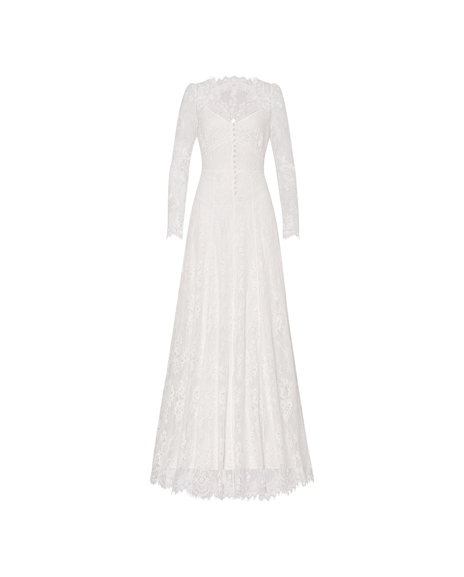 The MARCITA Bridaldress by IVY OAK is a long-sleeve white lace dress with a deep V-neckline, button front, fitted waist, and flared skirt featuring a delicate scalloped hem, shown on a white background.