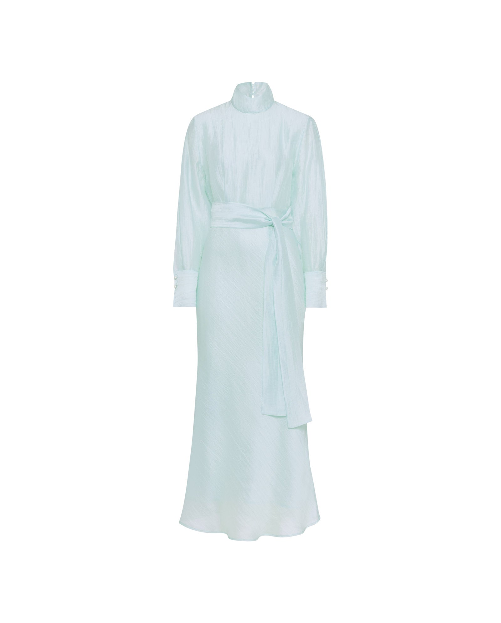 The IVY OAK MALINA Dress is a light blue midi with long sleeves, high neck, wide cuffs, organza trim, a matching fabric waist tie, and a softly flared skirt.