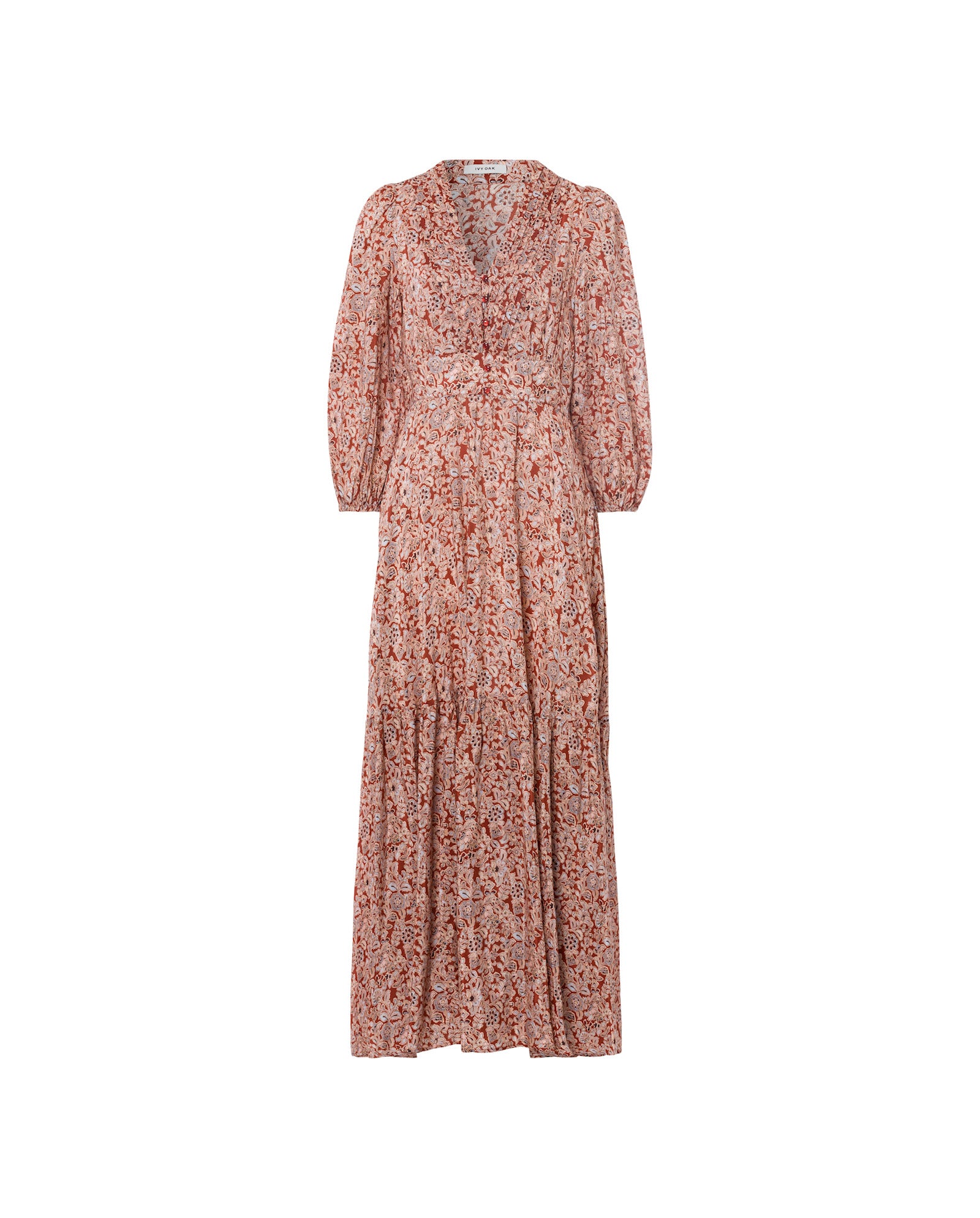 The IVY OAK DREA Dress is a long-sleeved, V-neck maxi with a gathered waist, showcasing elegant red and white floral tones.