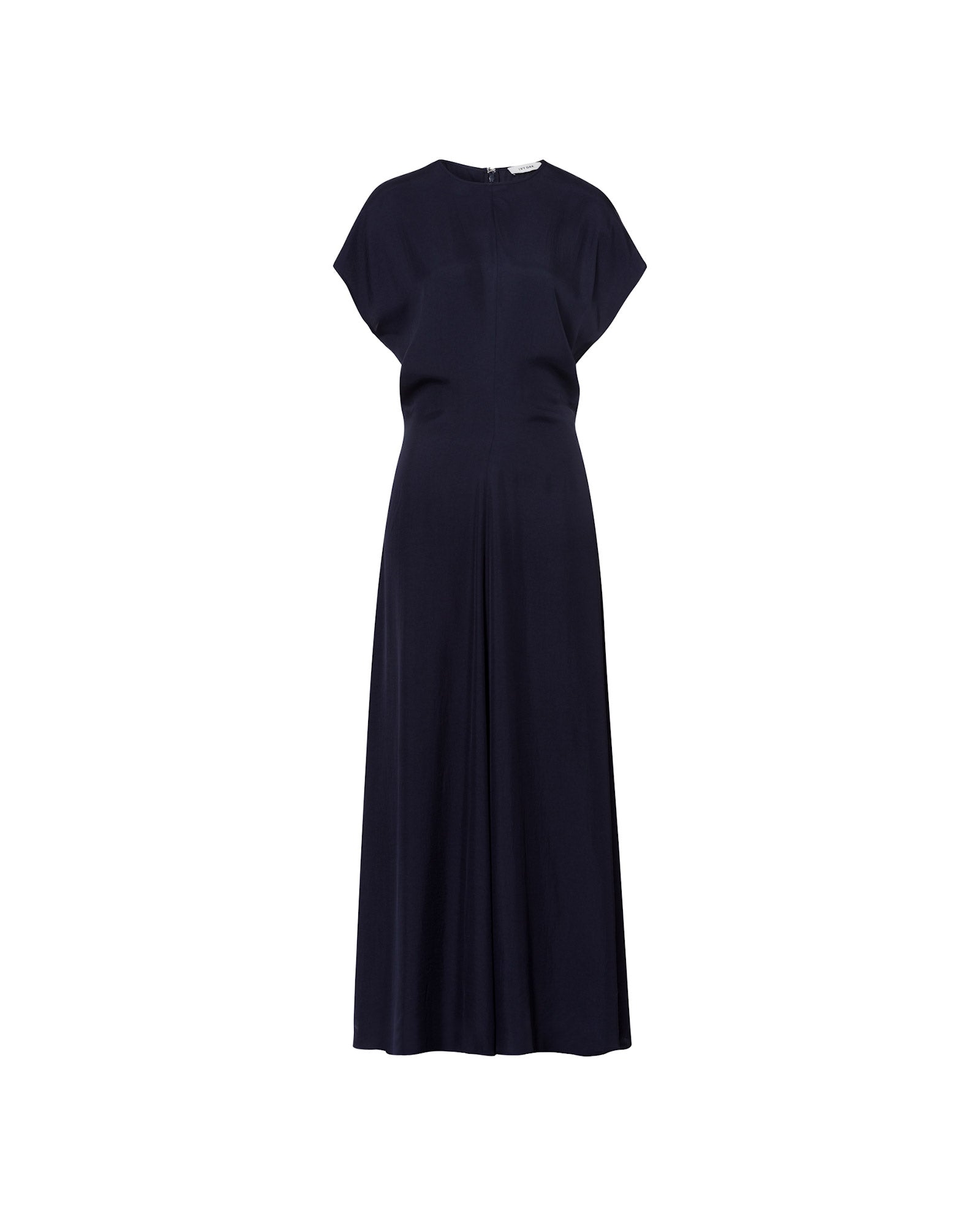 The MARLIS SUE Dress by IVY OAK is a navy blue, short-sleeve midi dress with a fitted waist and flared skirt, made from soft NAIA acetate, shown against a white background.